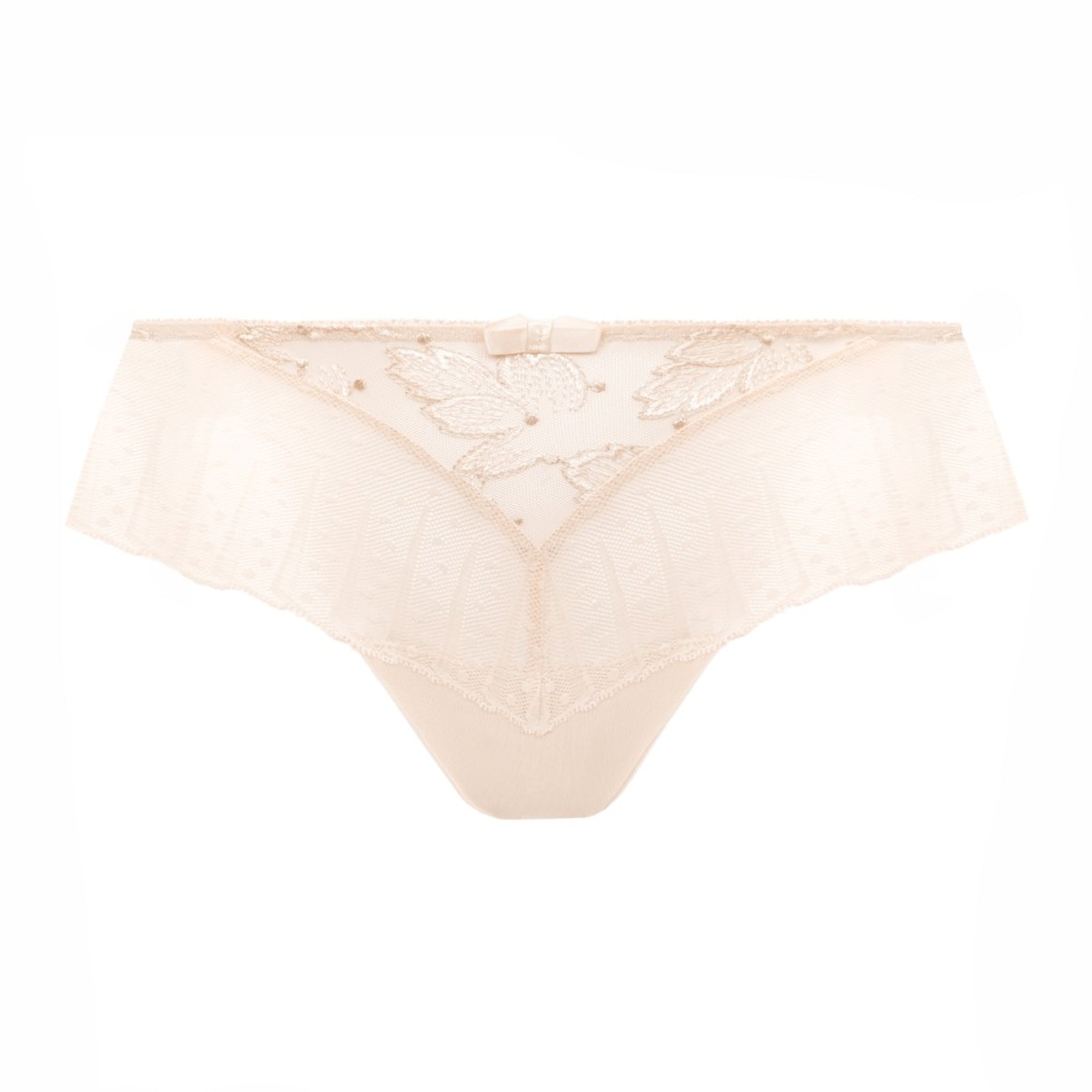 Nacre shorty brief in soft nude featuring floral embroidered mesh, geometric lace front panels, opaque gusset, and a feminine bow accent.