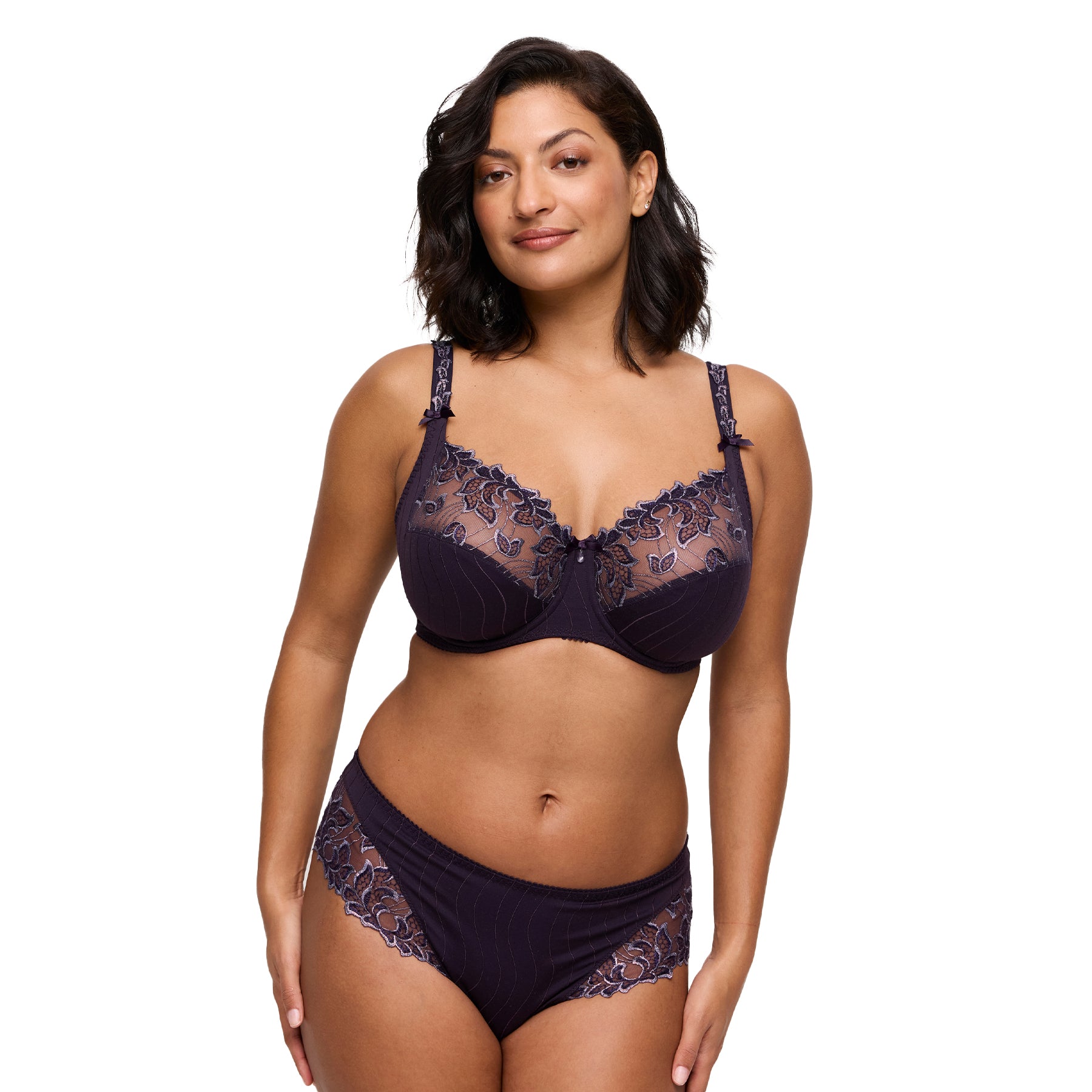 Full-body front view of woman wearing deep plum embroidered full cup bra and matching panty set.