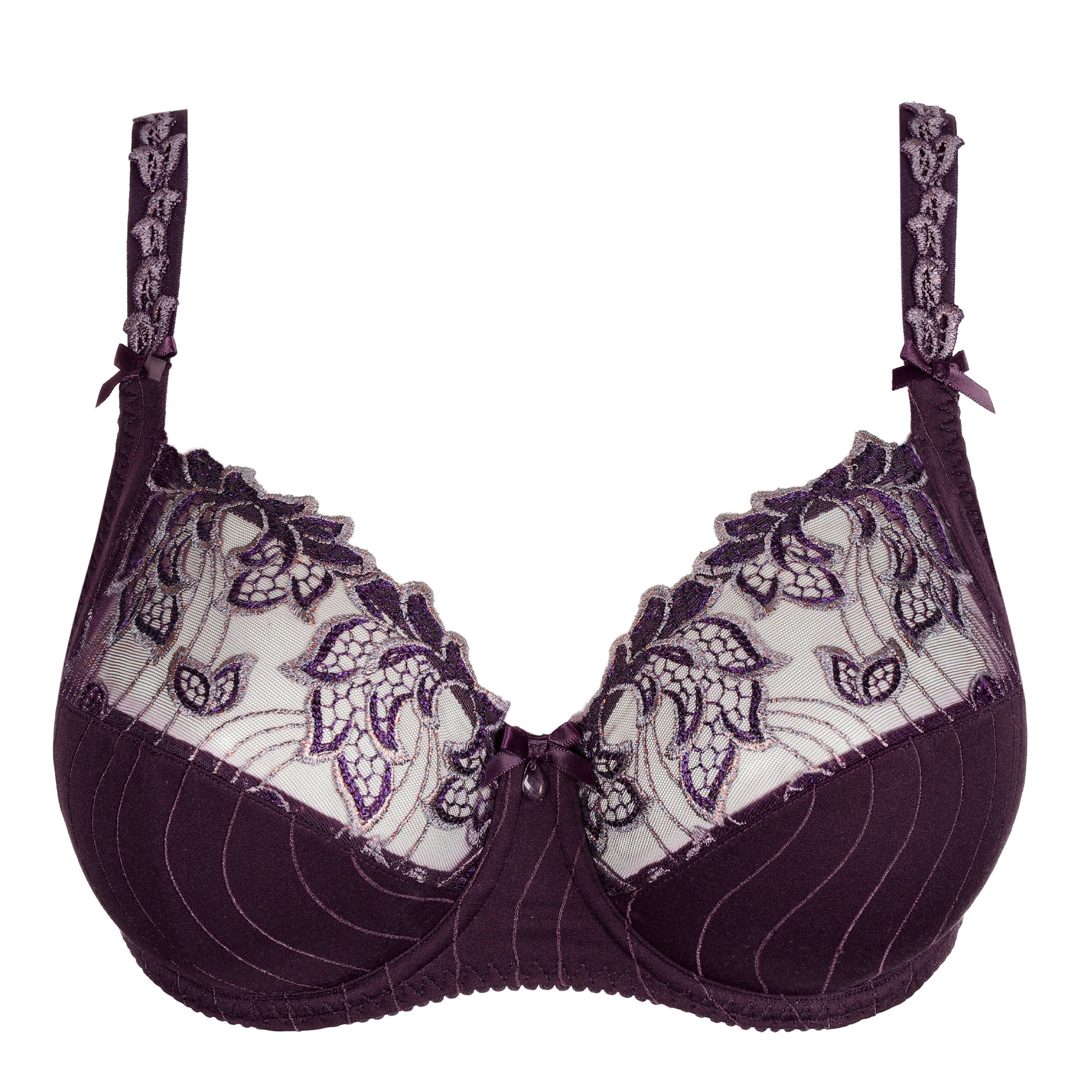 Studio shot of embroidered full cup bra in deep plum, showcasing lace details and centre bow.