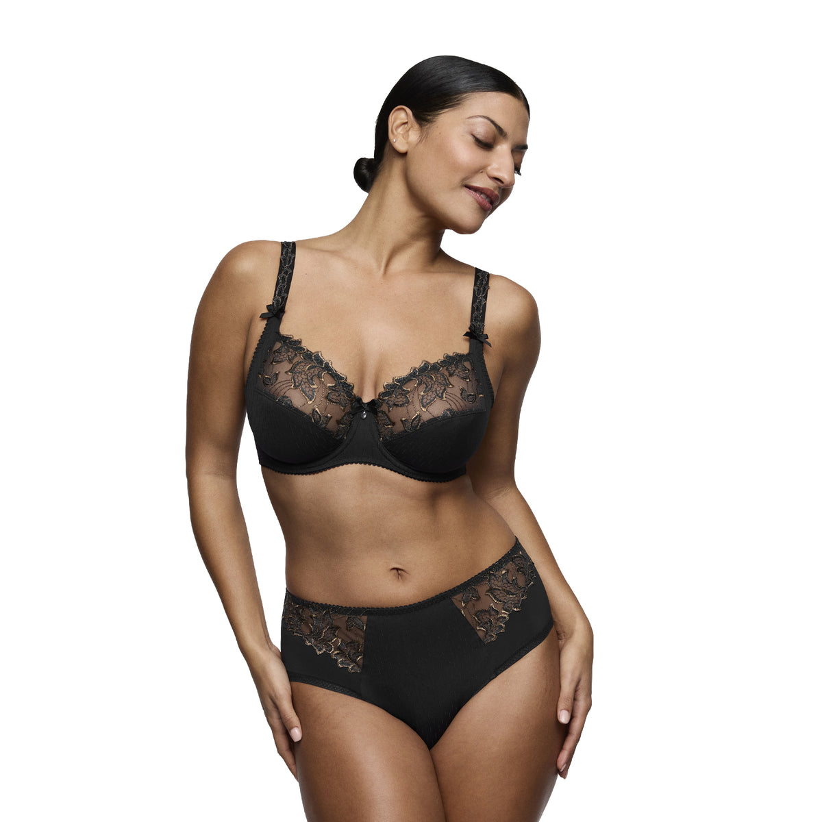 PrimaDonna Deauville bra in Smokey Bronze with matching high-waist brief, featuring black floral embroidery with bronze accents