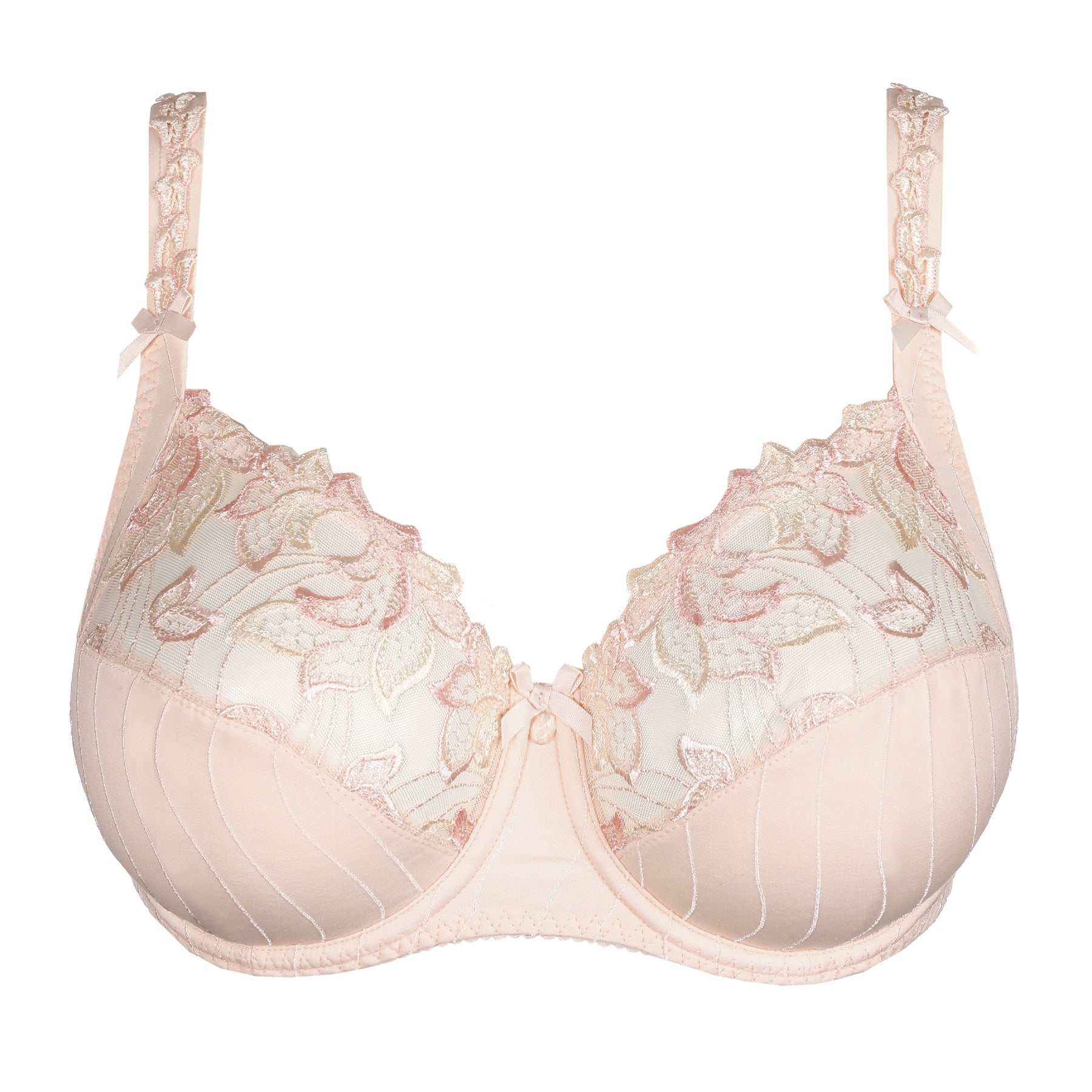 Product-only front view of a blush underwire bra with sheer floral lace cups, vertical seam detailing, and a small centre bow.