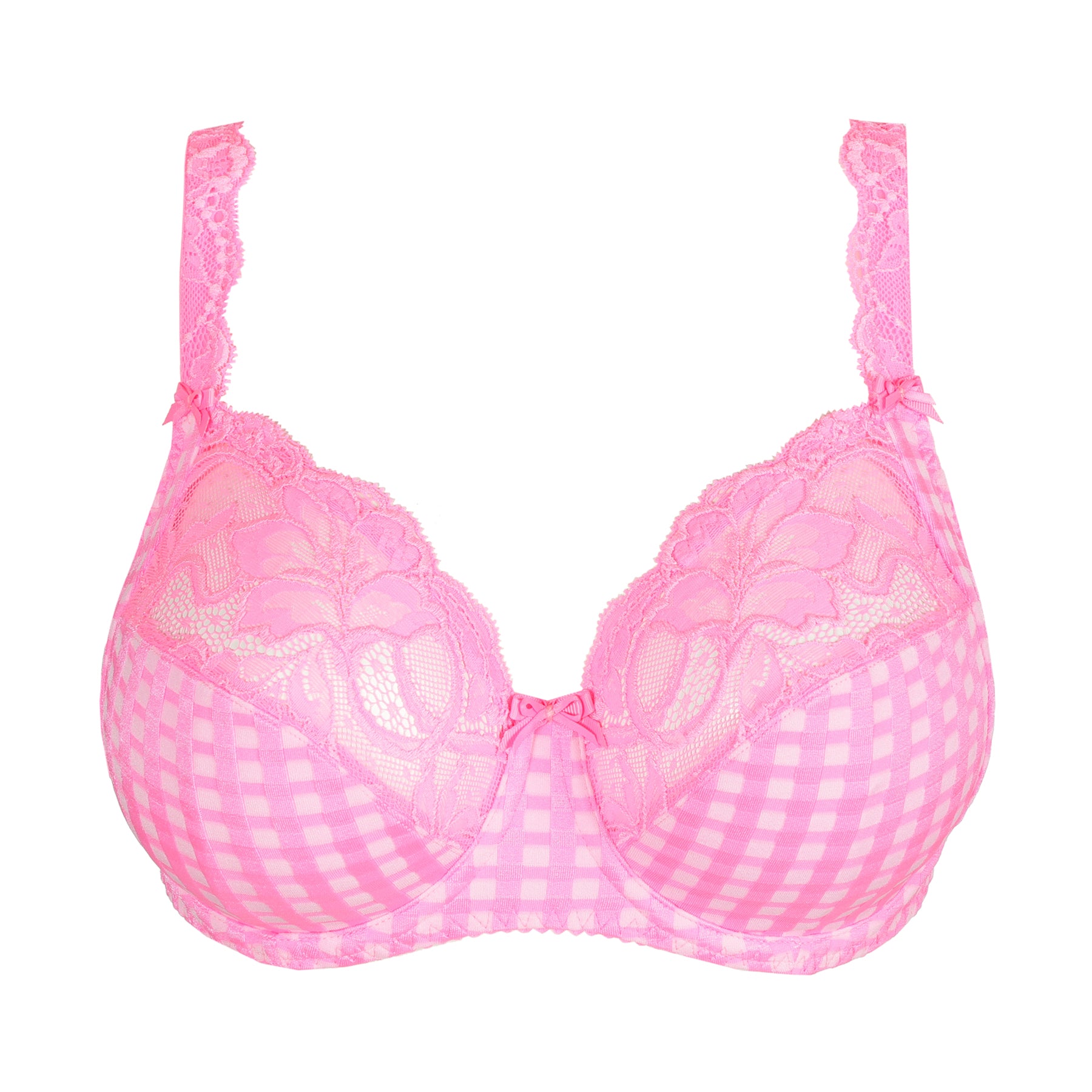 Product image of a pink gingham bra with intricate floral lace and a small bow at the center.