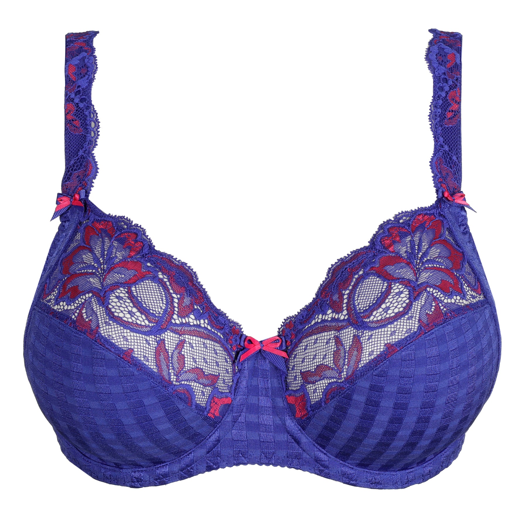 Blue underwire bra with sheer fuchsia embroidered lace and check-patterned cups.