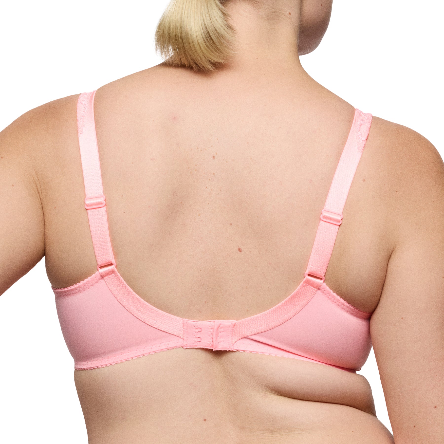 Back view of pink lace underwire bra with adjustable straps and hook-and-eye closure