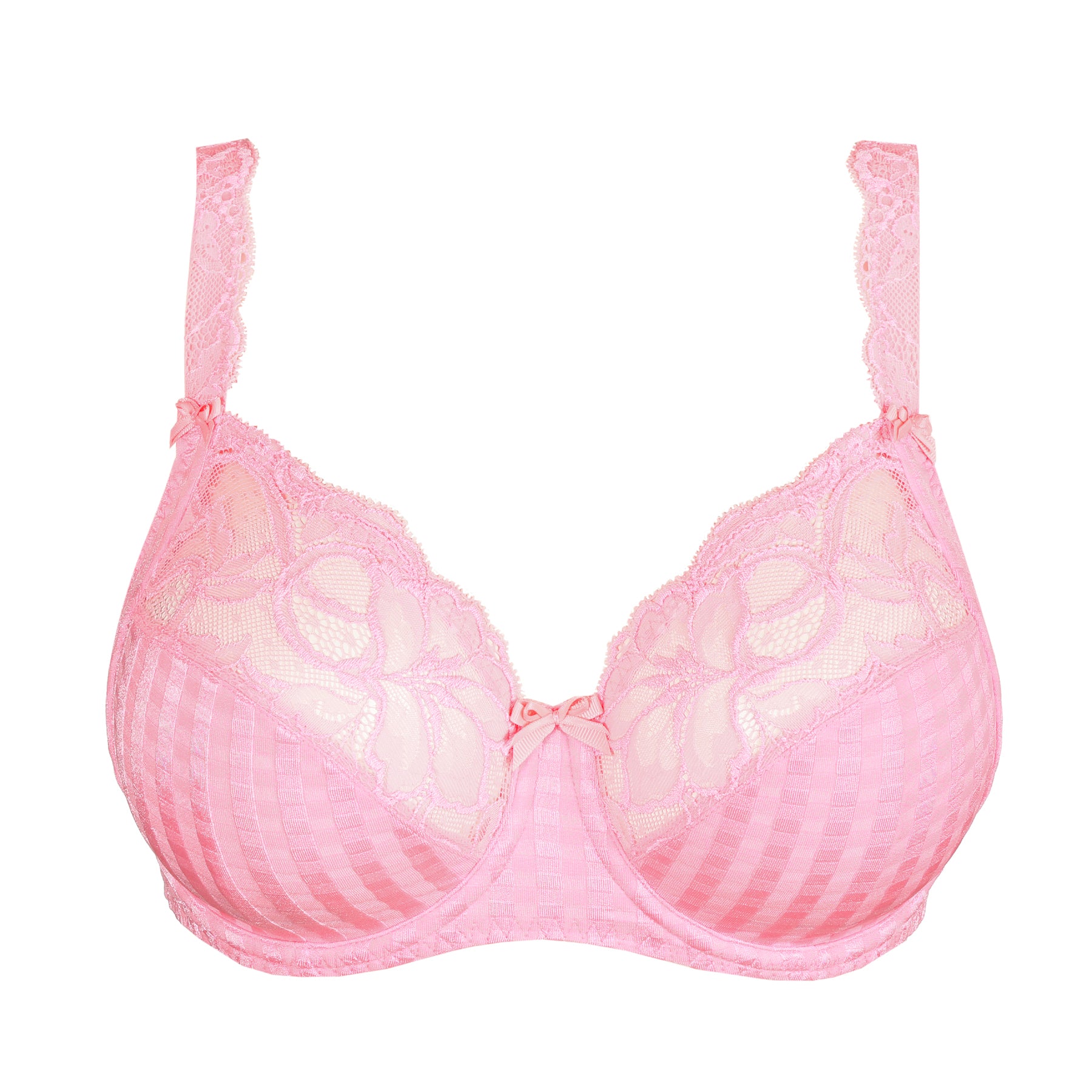 Pink underwire bra with floral lace upper cups, check pattern fabric, and centre bow detail