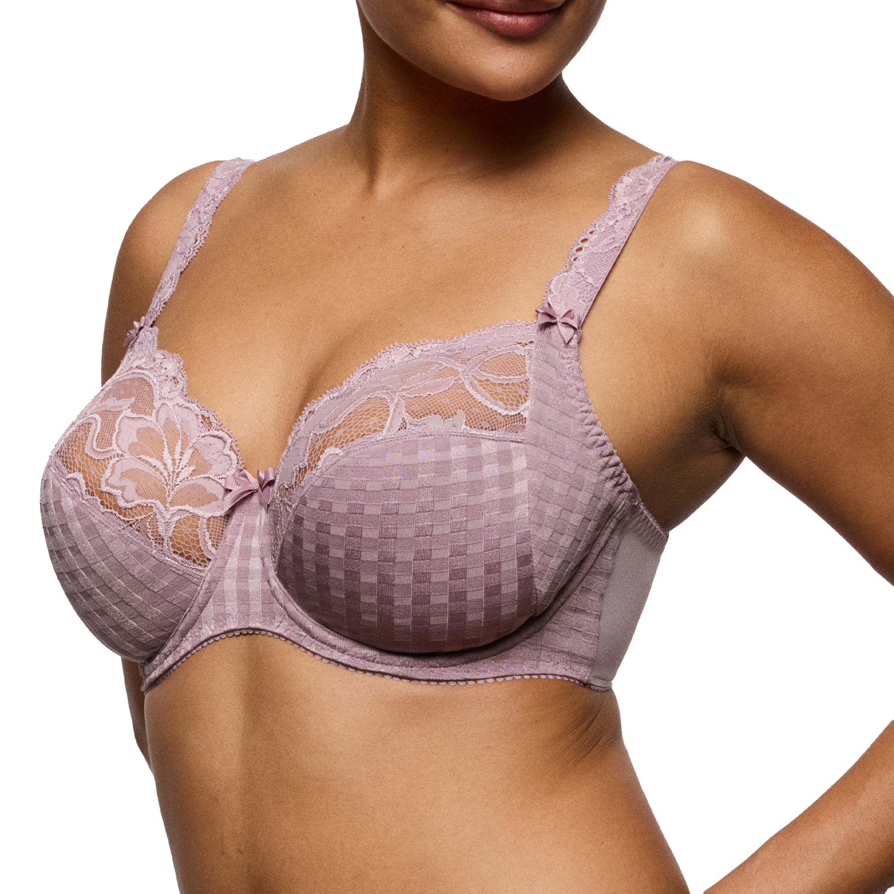 Side view of a mauve lace underwire bra worn by a model, showing smooth support, lace-trimmed straps, and a flattering silhouette.