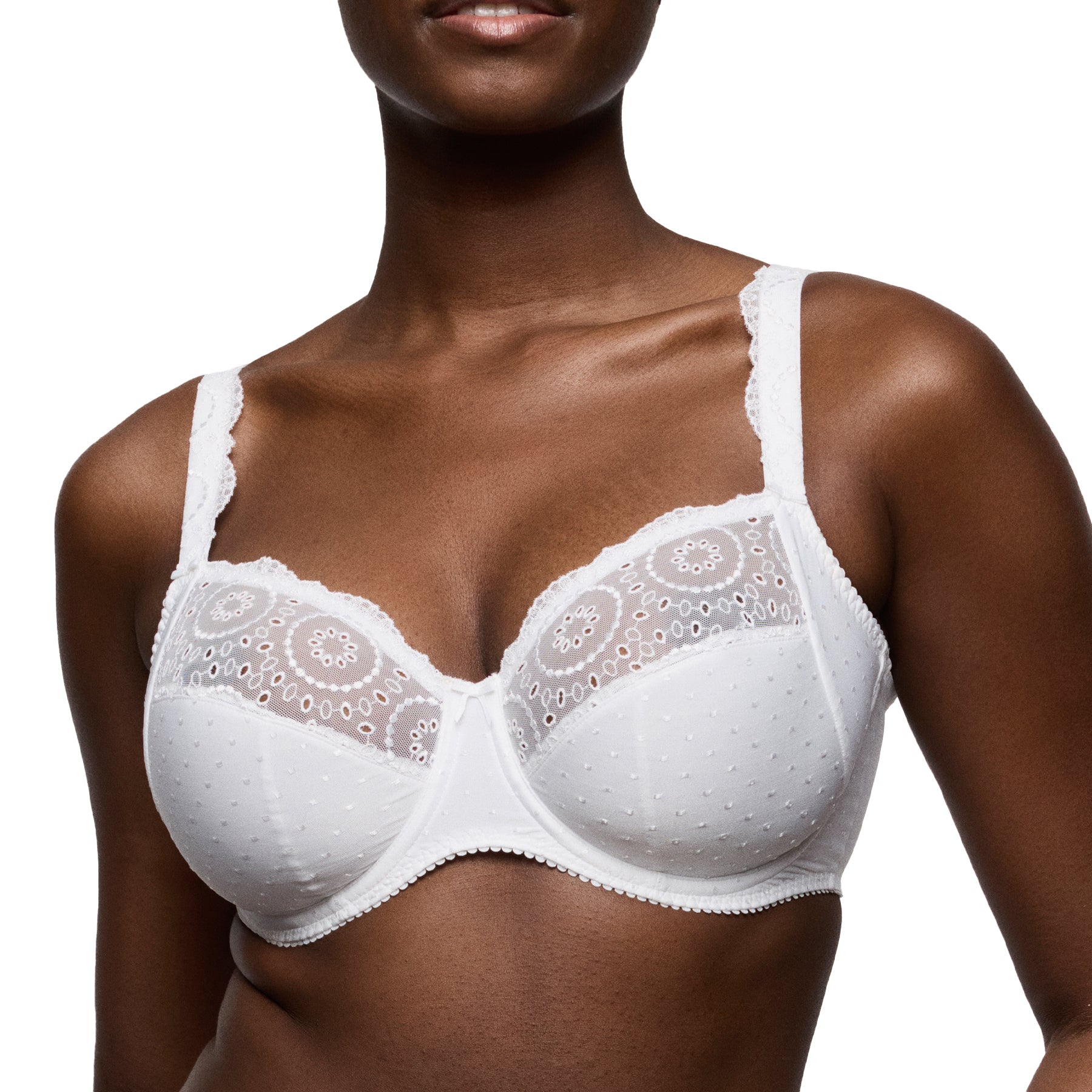 Close-up of white underwire bra style 016-3310 highlighting sheer embroidered lace cups and scalloped trim.