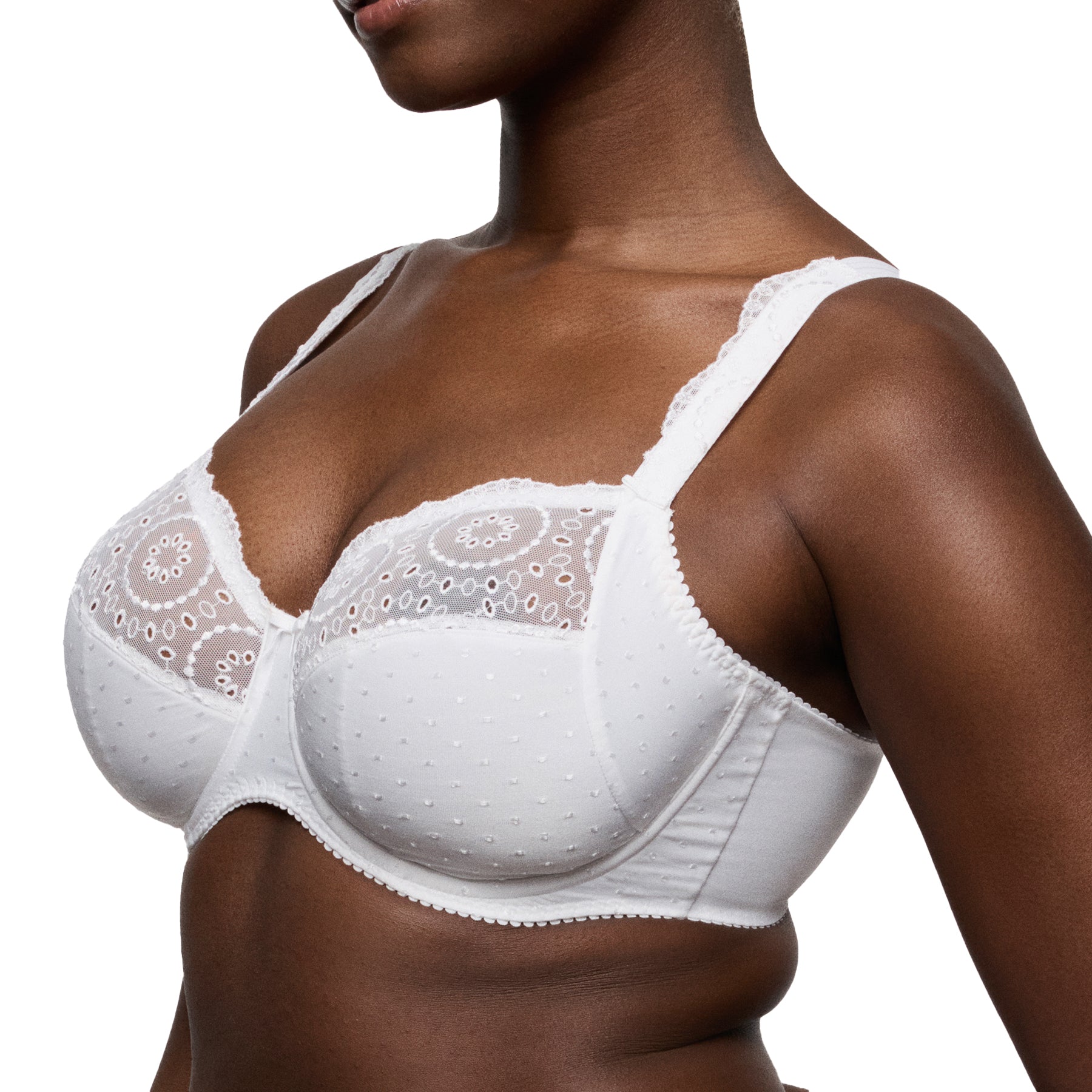 Side detail of white full coverage bra style 016-3310 showing supportive construction and lace overlay.