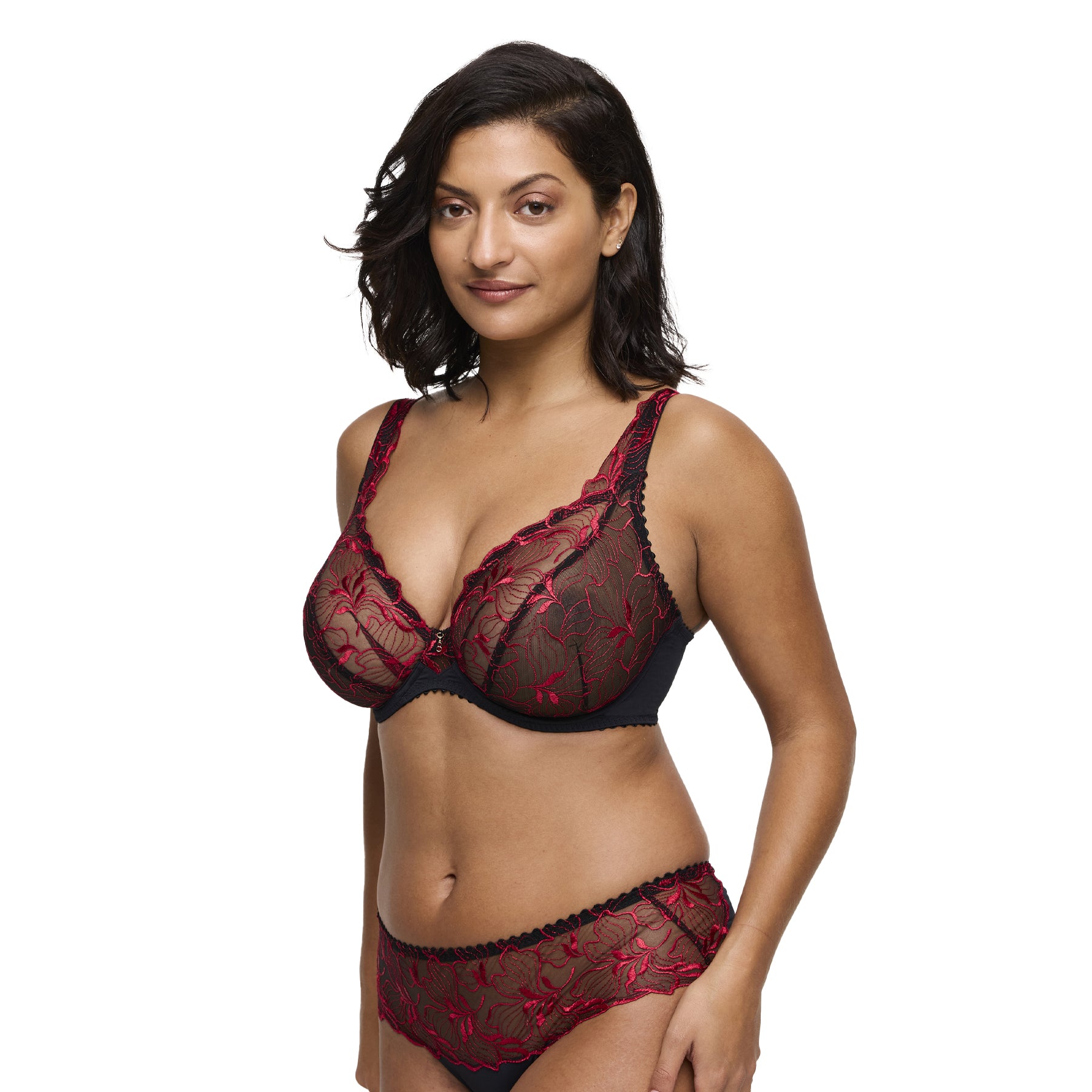 Model wearing black and red embroidered plunge bra with sheer floral lace and matching brief.