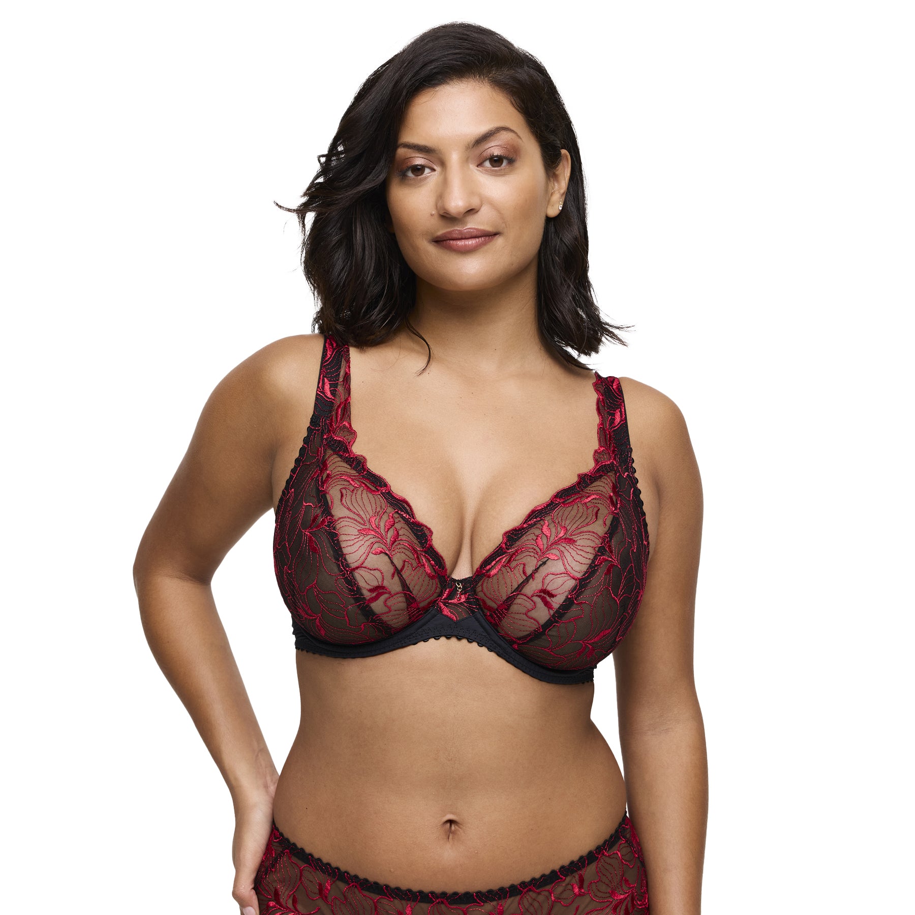 Front view of black and red lace plunge bra with scalloped neckline and sheer mesh cups.