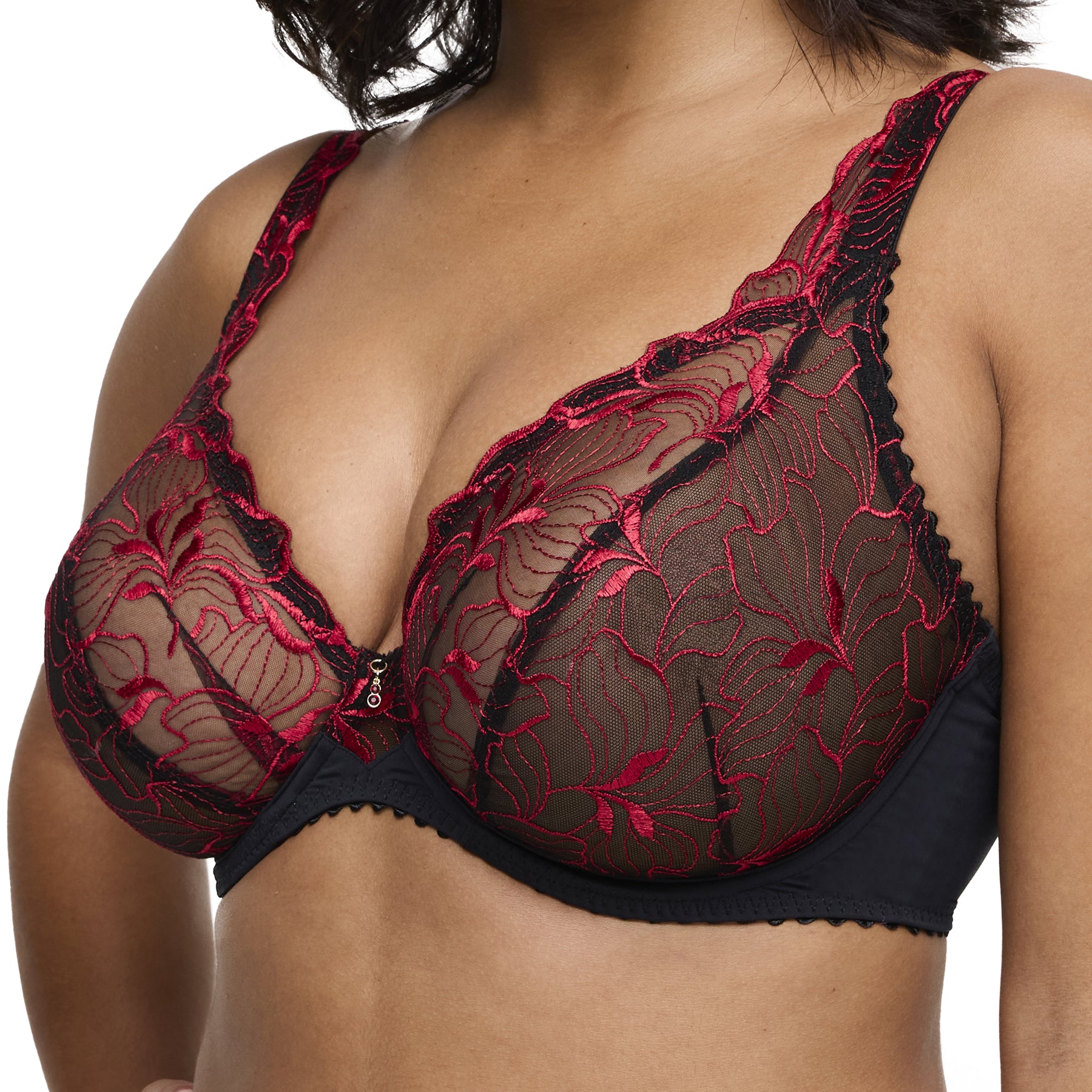 Side view close-up of black plunge bra featuring red floral embroidery and underwire support.