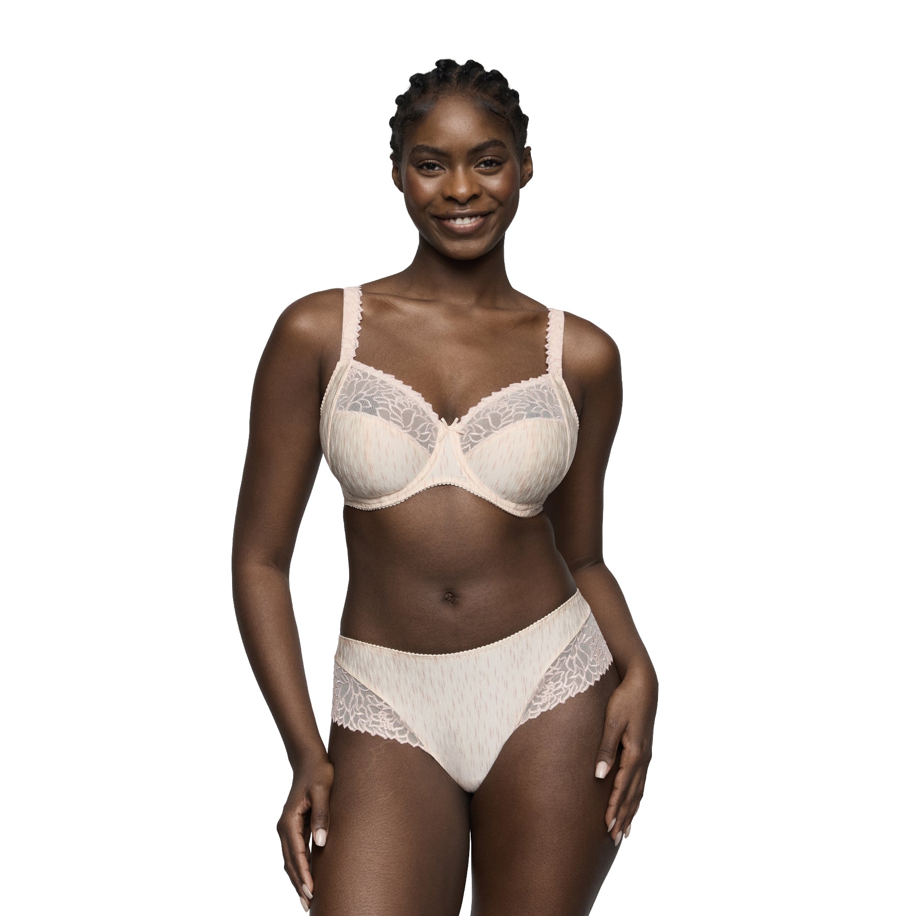 Model wearing the PrimaDonna Monterrey full cup bra and matching briefs in Venus, showcasing supportive full coverage, elegant floral lace, and a soft blush striped design.