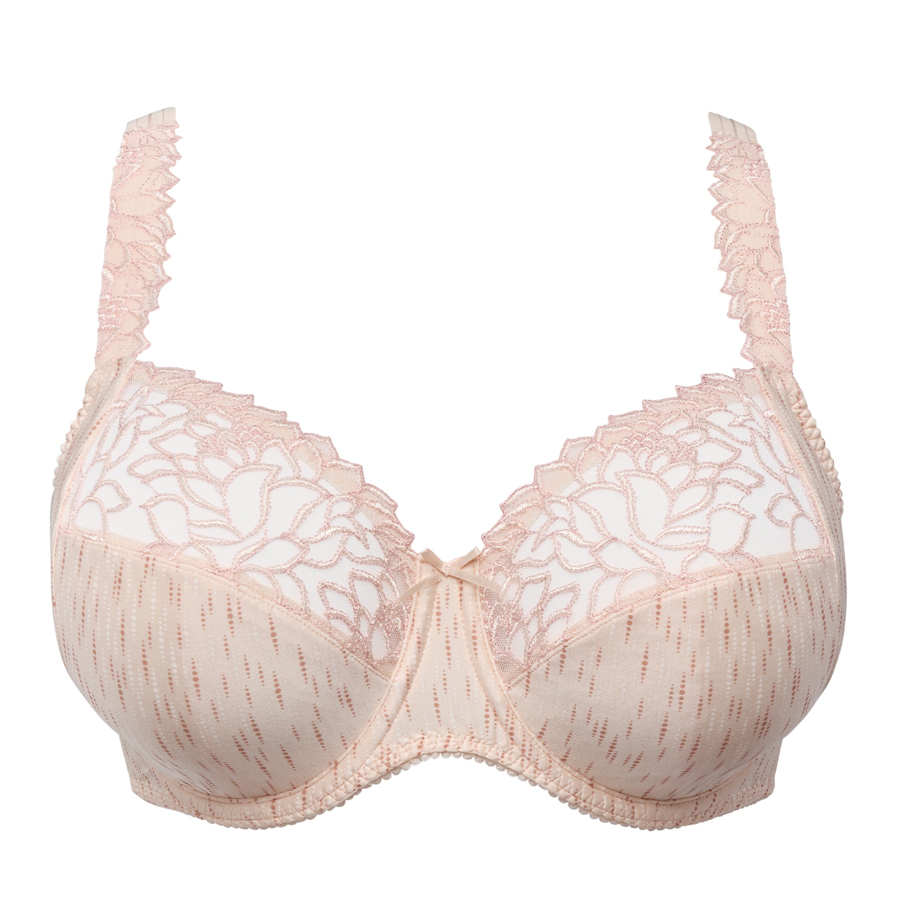 PrimaDonna Monterrey full cup underwire bra in Venus featuring soft blush striped fabric, floral lace upper cups, supportive three-piece cups, and elegant full-bust coverage.