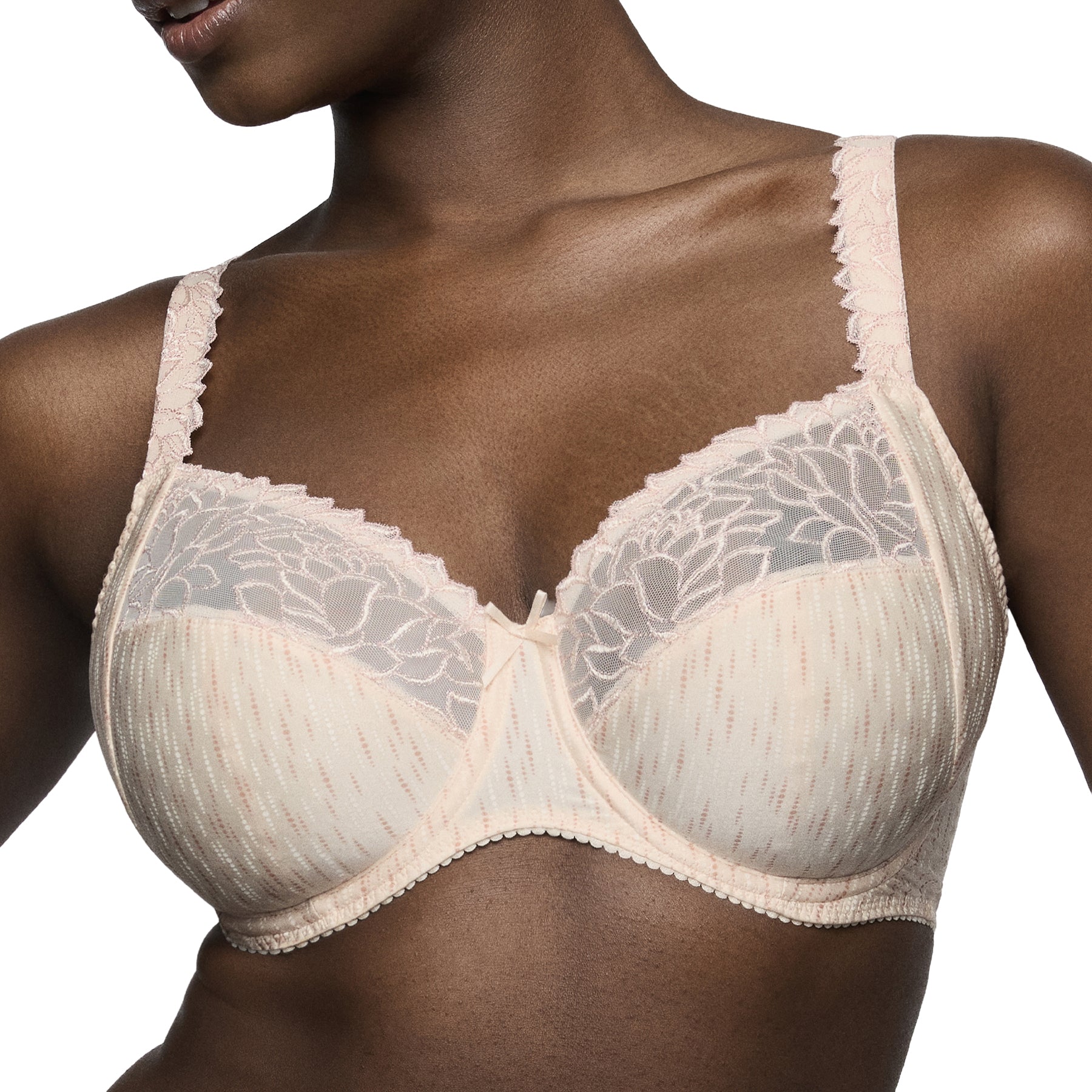 Angled front view of the PrimaDonna Monterrey full cup bra in Venus showcasing floral lace upper cups, soft striped fabric, supportive side panels, and a flattering full-coverage fit.