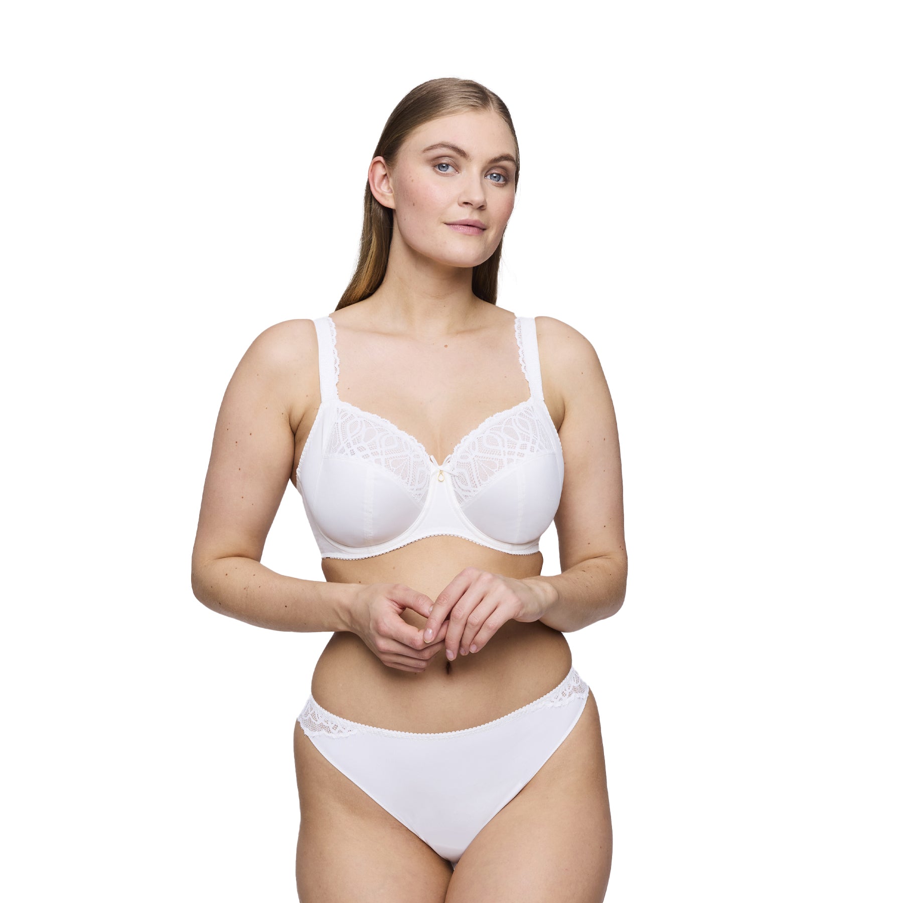 Woman with long blonde hair wearing a white underwired lace bra and matching thong, facing forward.