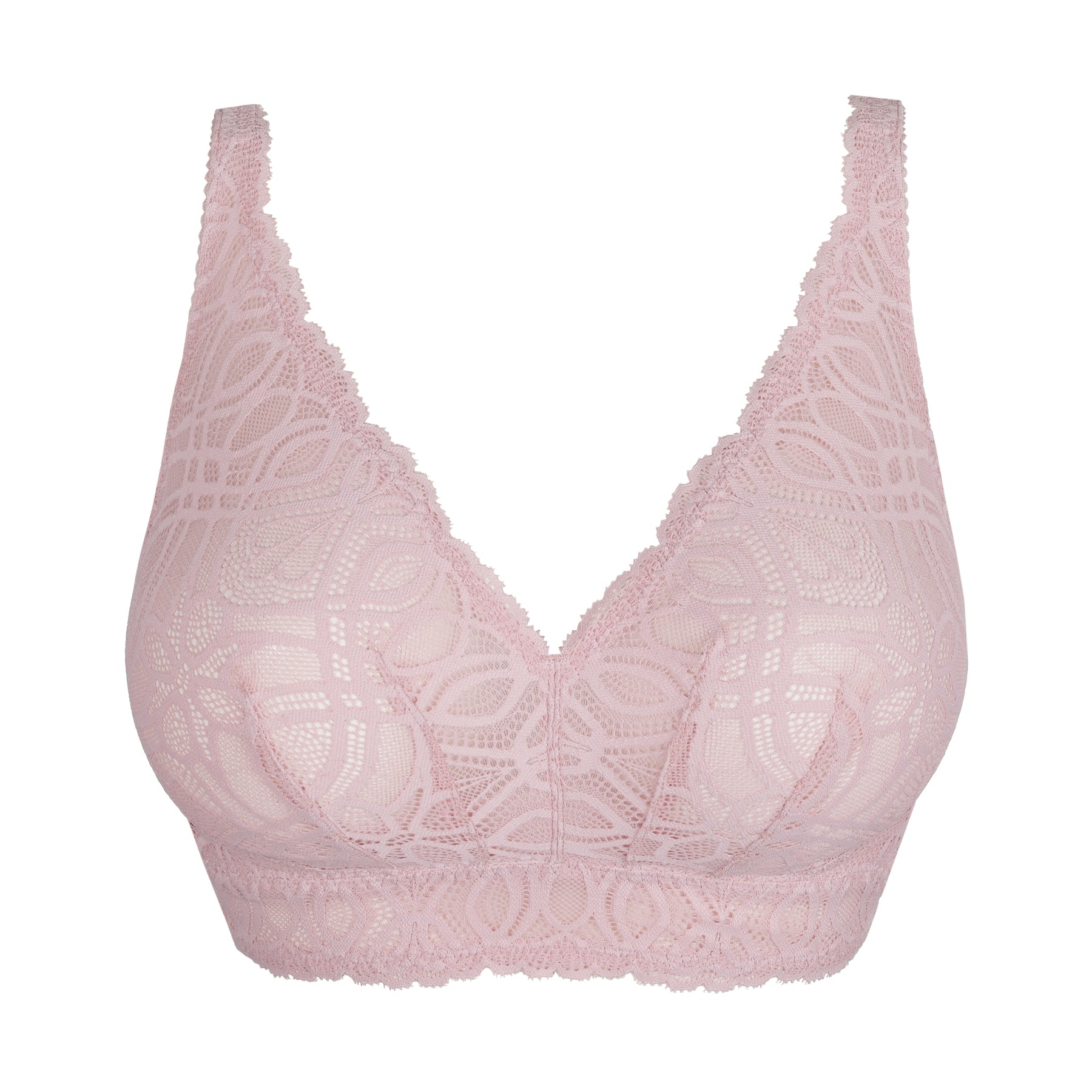 Close-up of soft pink wireless lace bralette with scalloped edges and geometric floral pattern.