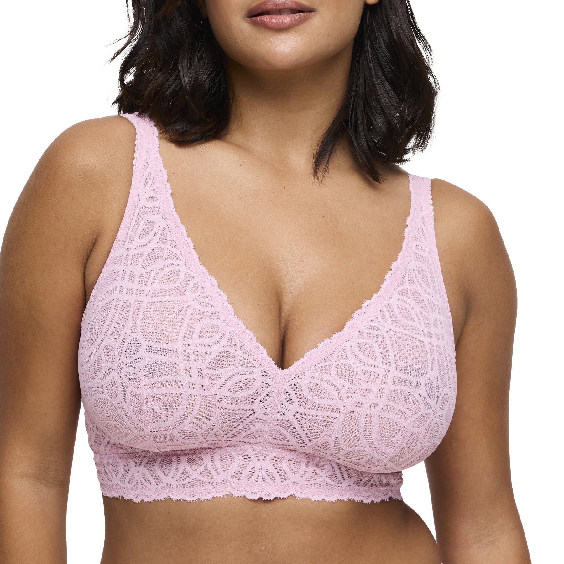 Front close-up of blush pink lace bralette highlighting V-neckline and supportive fit.