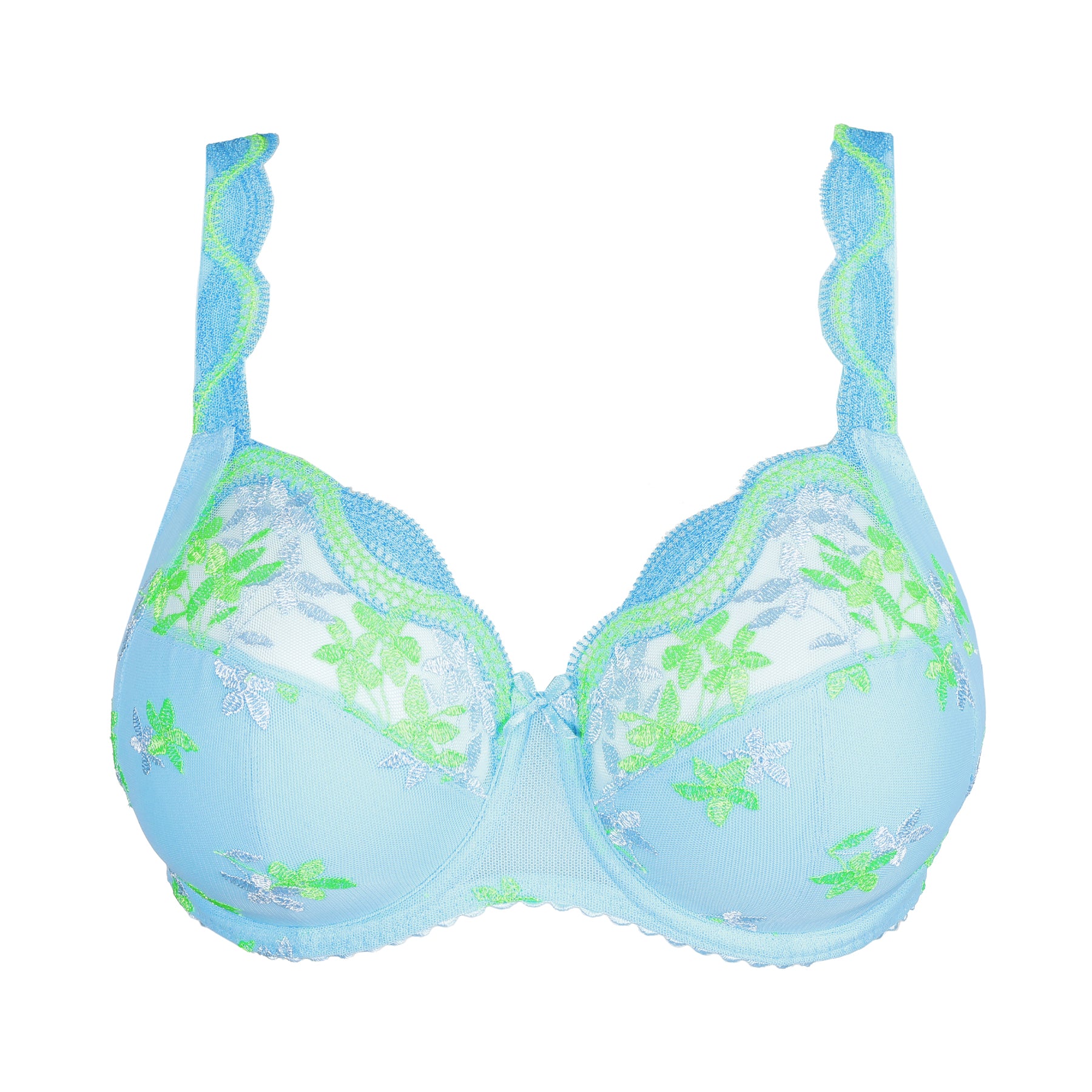 Light blue full cup bra with green and white floral embroidery, flat lay front view