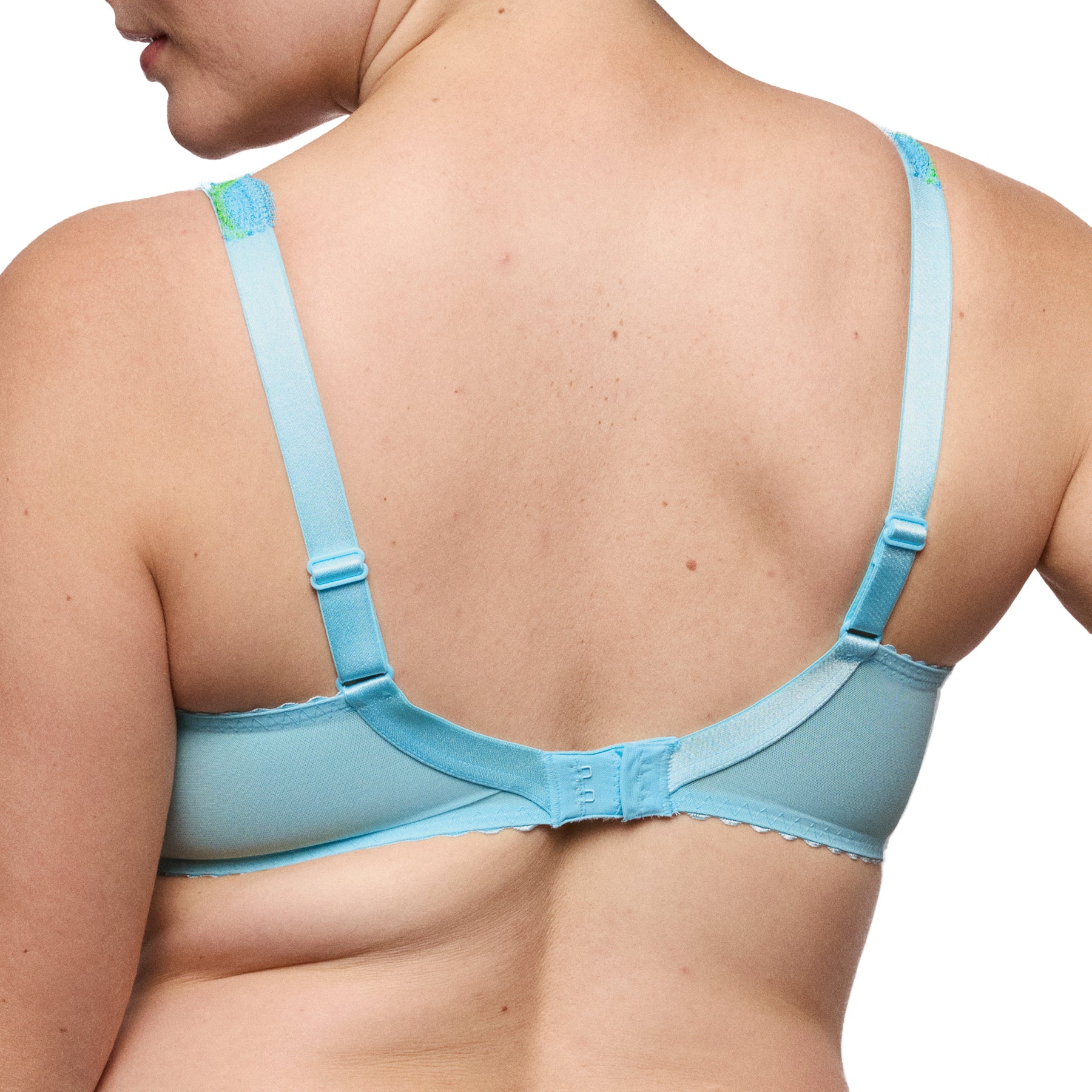 Back view of light blue bra with adjustable straps and hook-and-eye closure