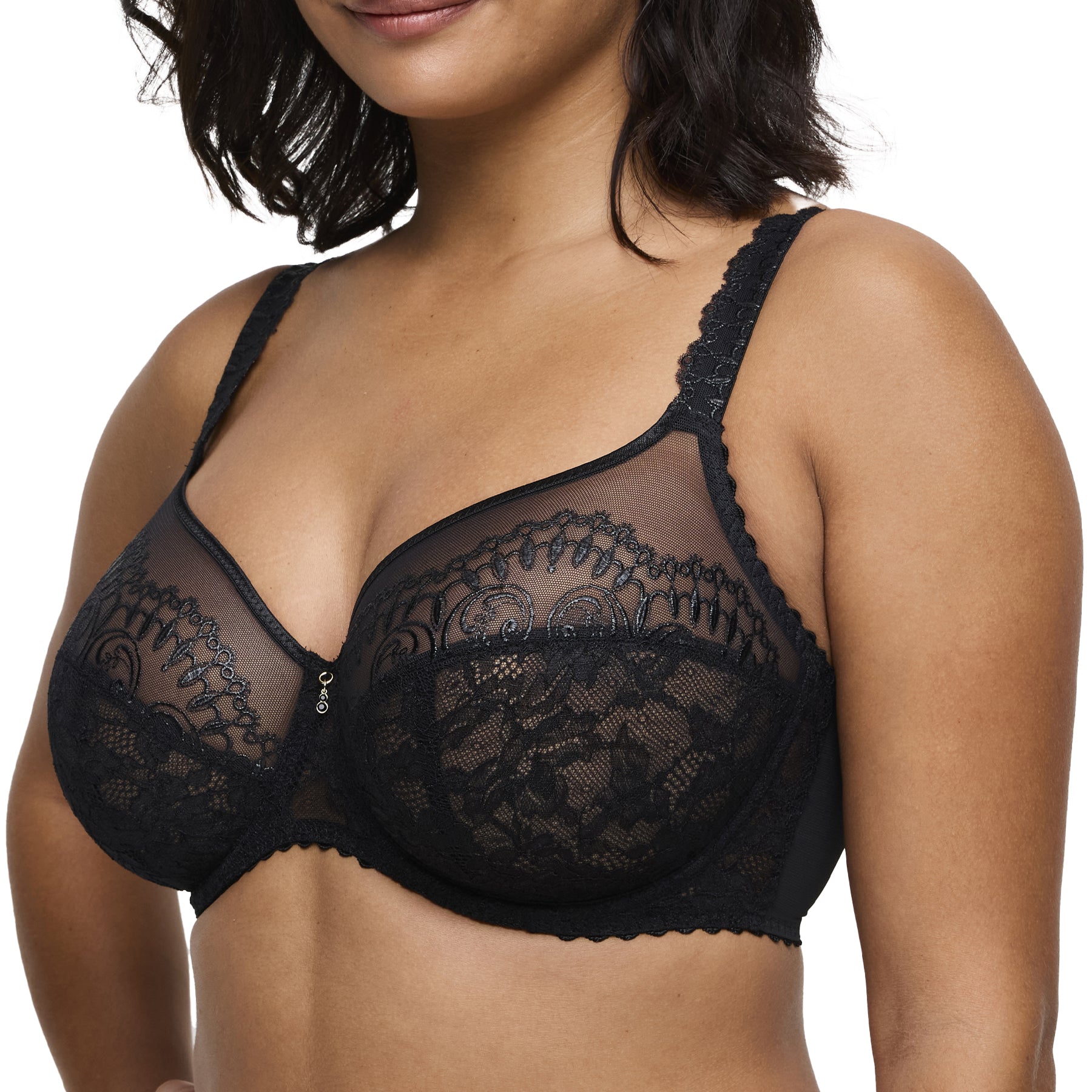 Side view of black lace bra with embroidered lace cups and mesh details.