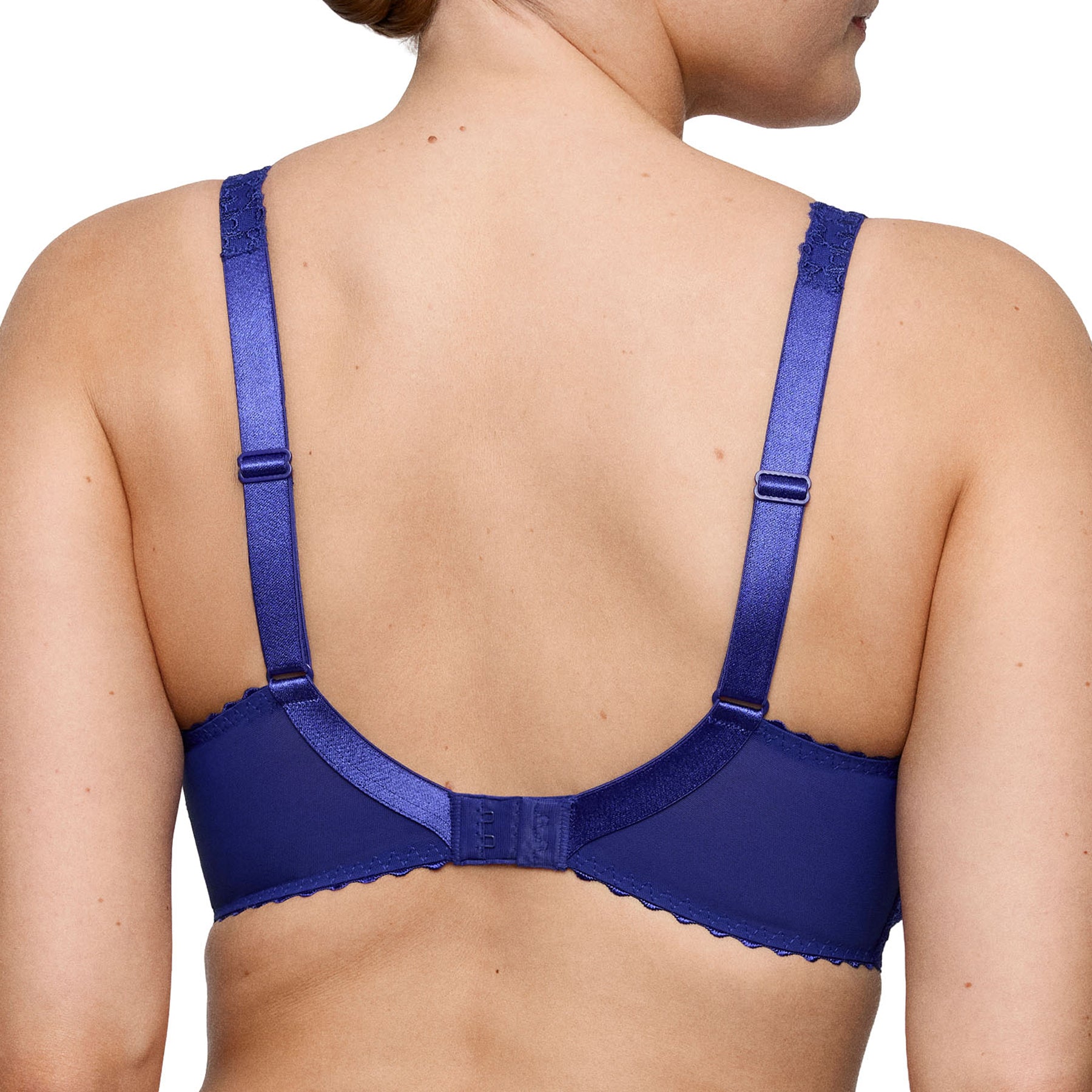 Back view of the Crazy Blue balcony bra showing adjustable straps, smooth side panels and hook-and-eye closure.