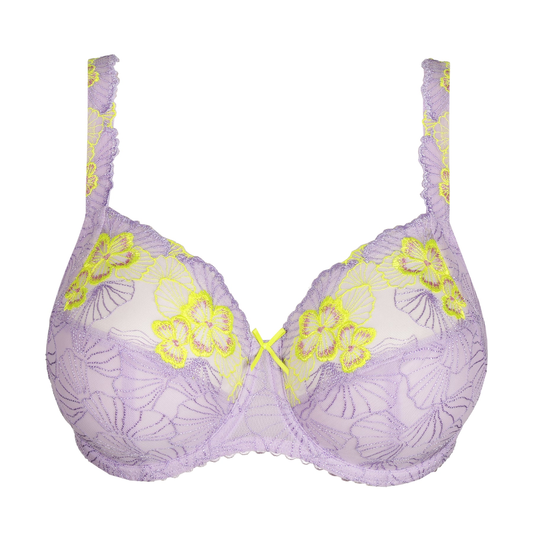 Product-only image of lavender embroidered underwire bra with sheer lace cups and lime floral appliqué accents.