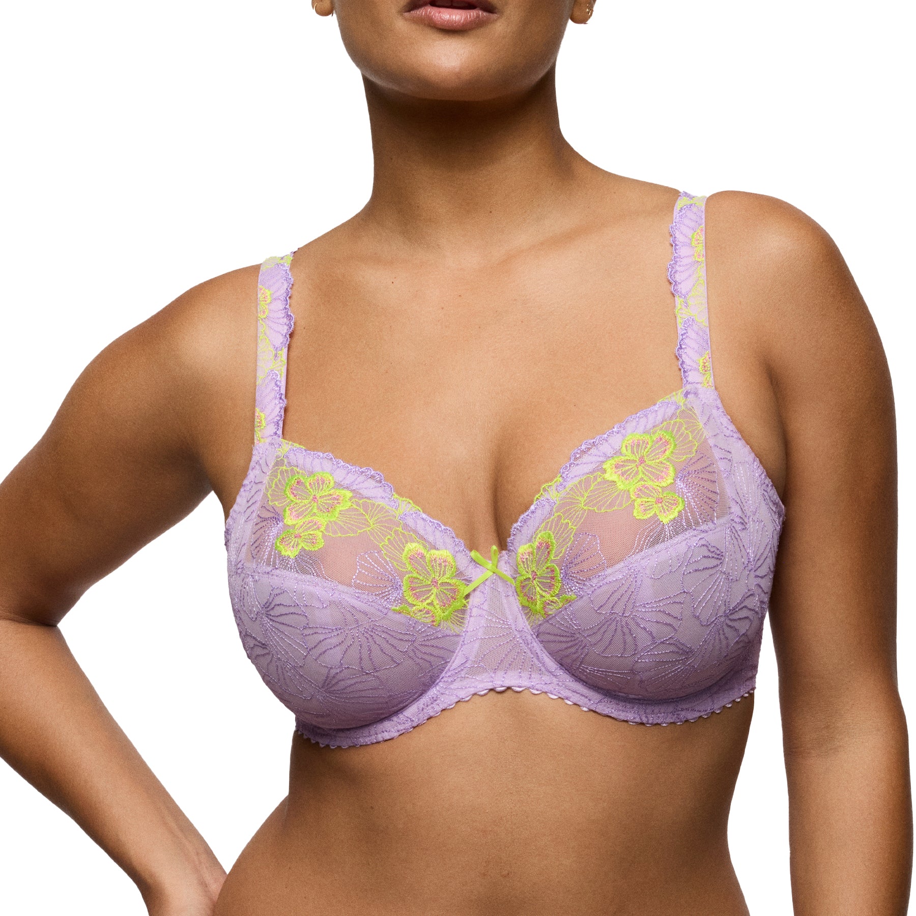 Front view of lavender lace bra featuring underwire support, sheer embroidered cups and contrast neon yellow bow detail.