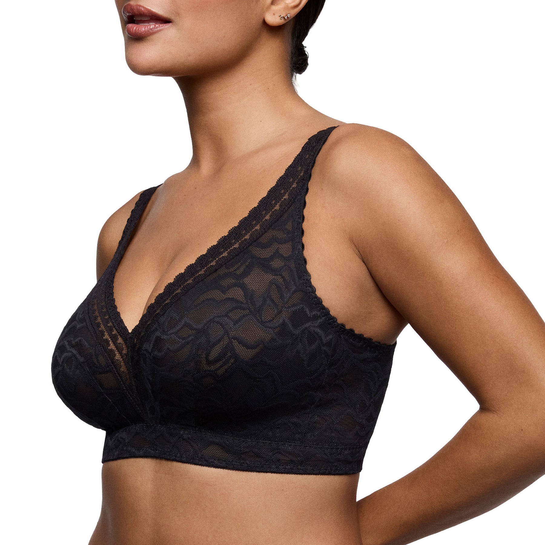 Side view of PrimaDonna Miyara wireless bra showing sheer black floral lace and a supportive wide underband.