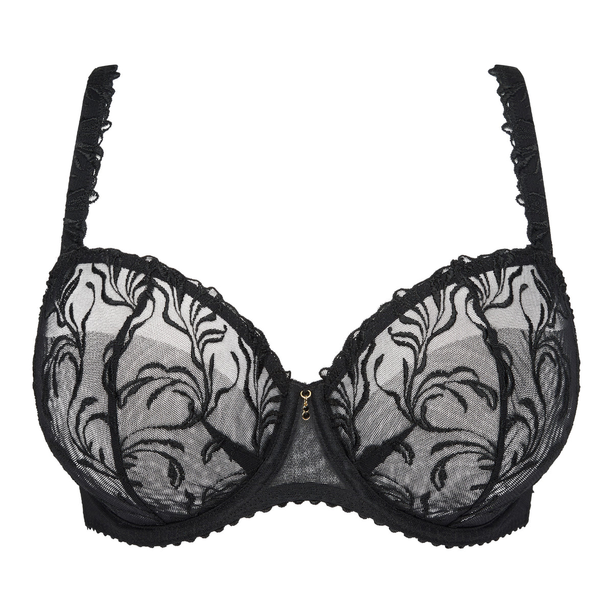 PrimaDonna Solisse balcony bra in black featuring sheer embroidered cups, underwire support and decorative straps.