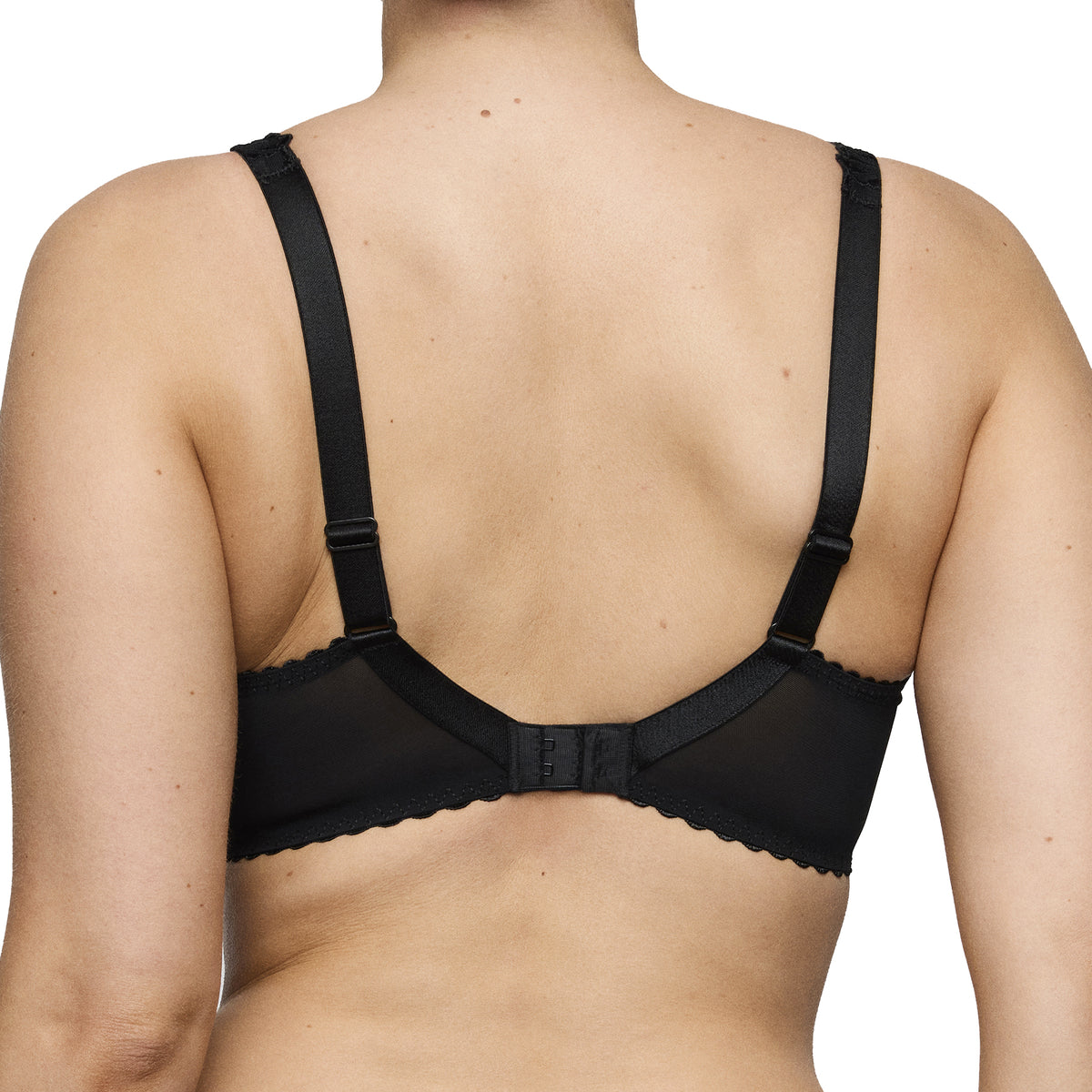 Back view of the PrimaDonna Solisse balcony bra in black with adjustable straps and hook-and-eye closure.