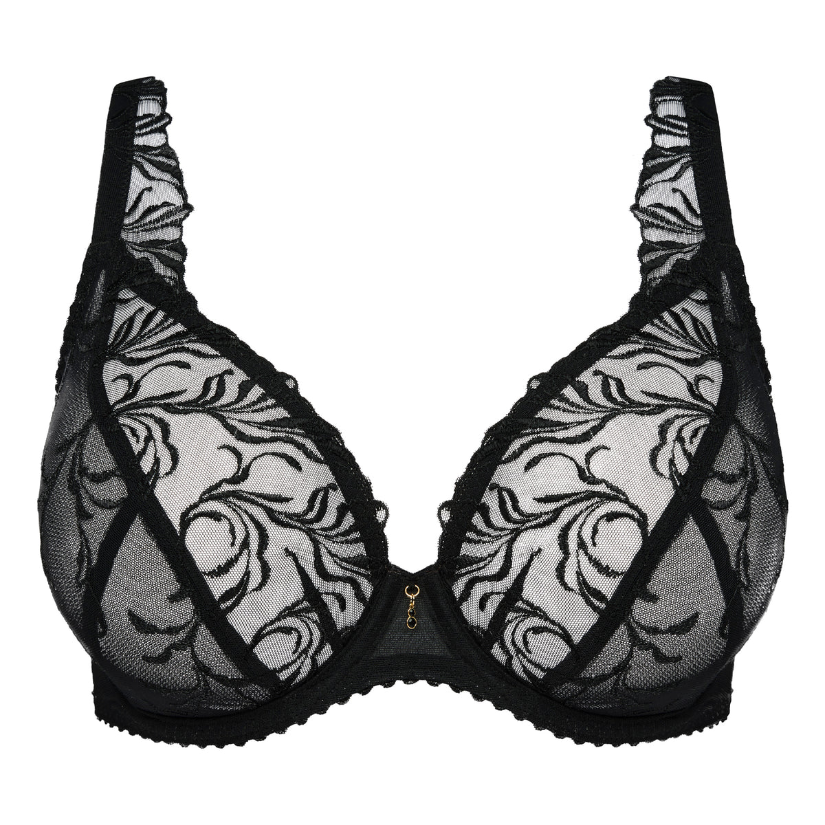 PrimaDonna Solisse Plunge Bra in black with transparent embroidered cups, deep plunge design and delicate gold centre detail.