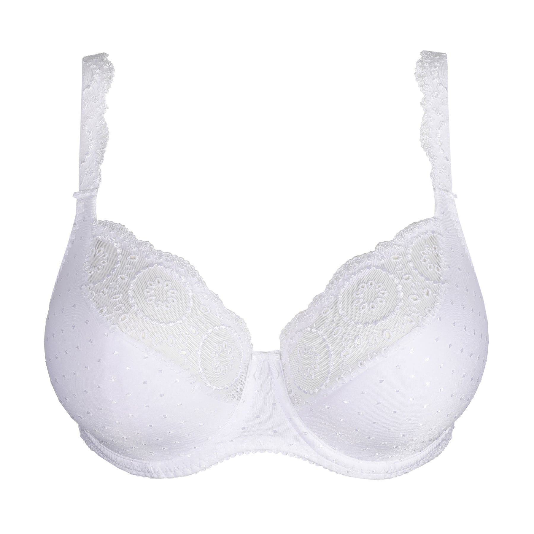White full-cup underwire bra with dotted fabric cups and delicate embroidered lace upper panels on white background.