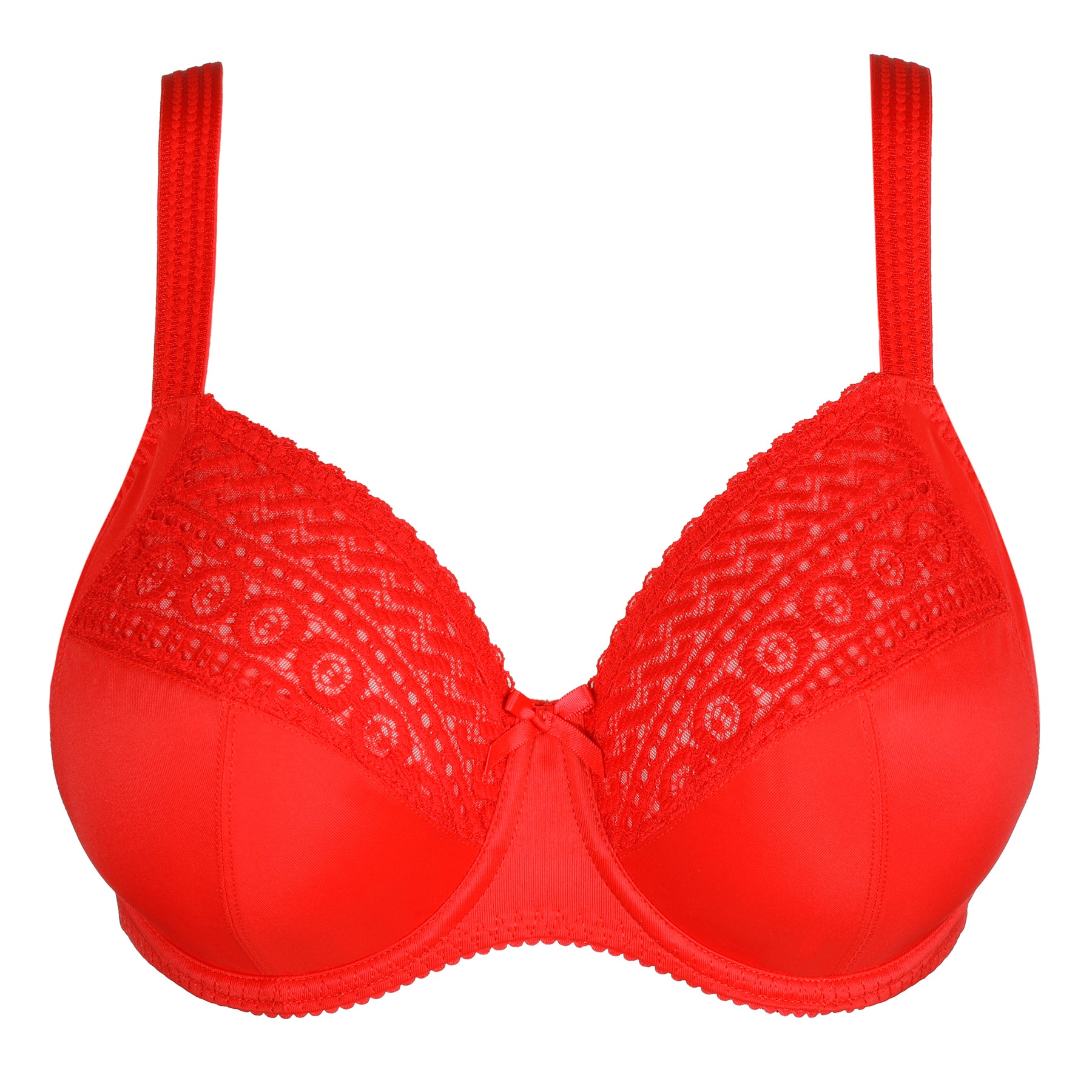 Red underwire full cup bra with lace upper cups and satin finish, front view.