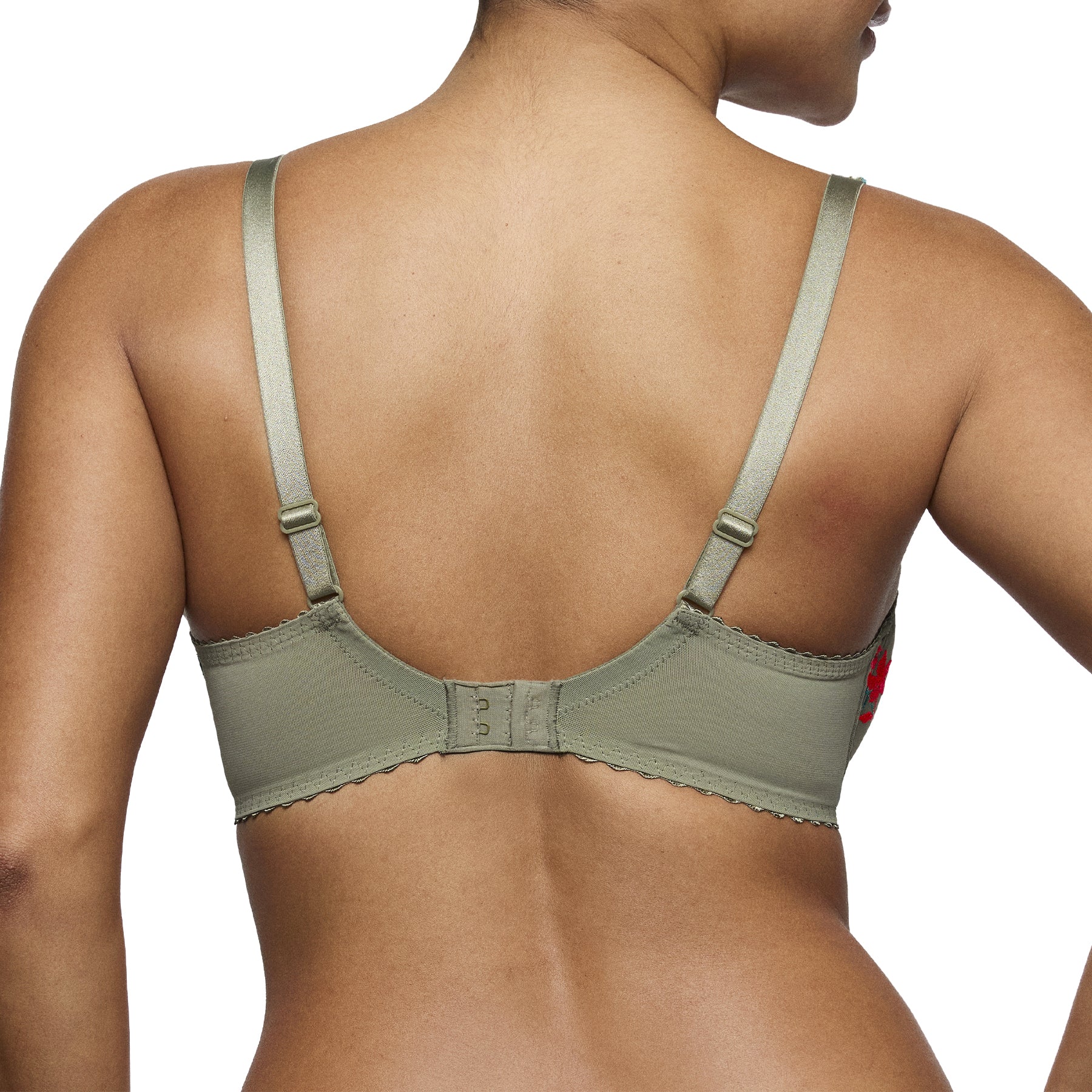 PrimaDonna Cala Luna plunge underwire bra in Botanique, back view with adjustable straps, smooth supportive back band, and hook-and-eye closure.
