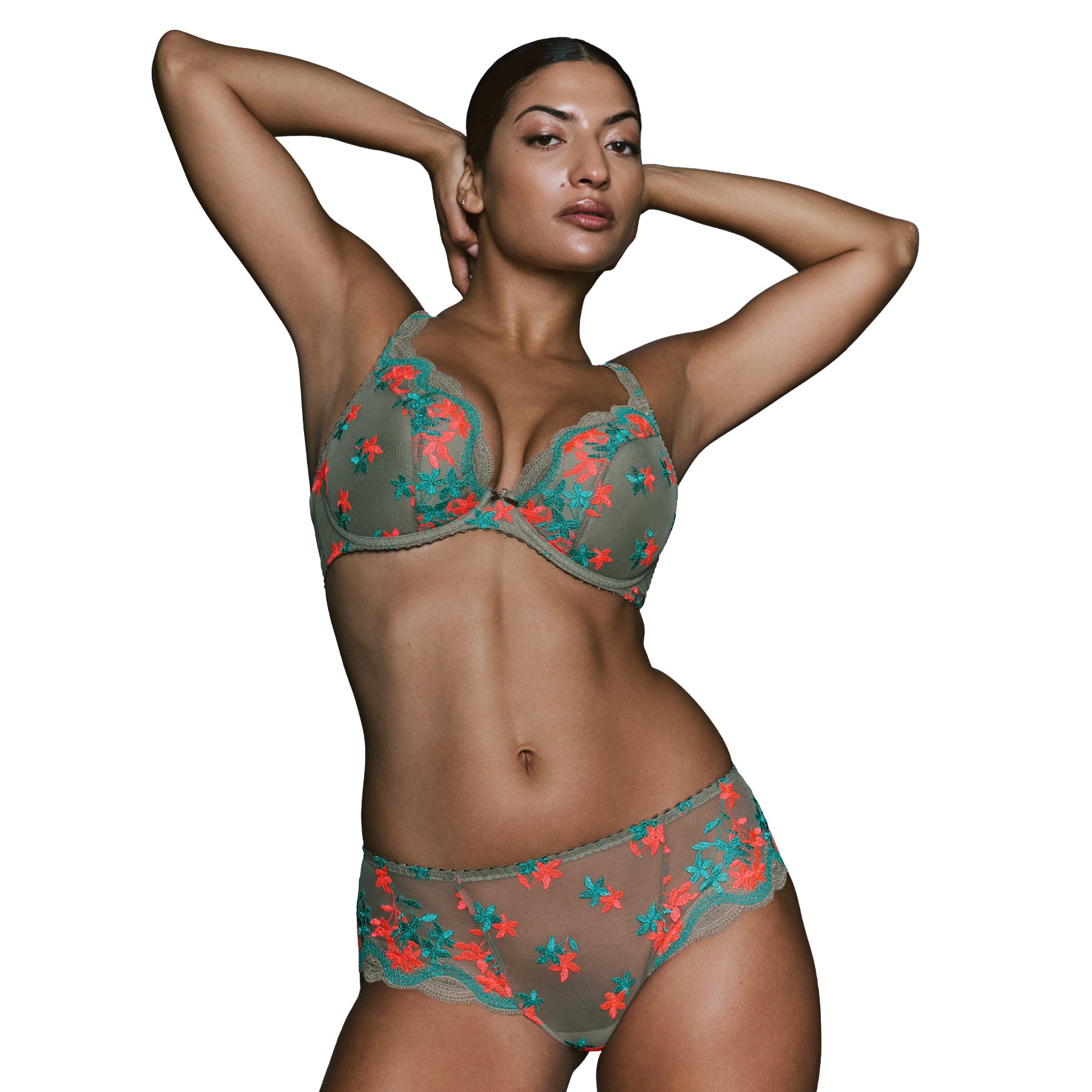 Model wearing PrimaDonna Cala Luna plunge bra in Botanique with deep neckline, embroidered cups, and flattering lift for a feminine silhouette.