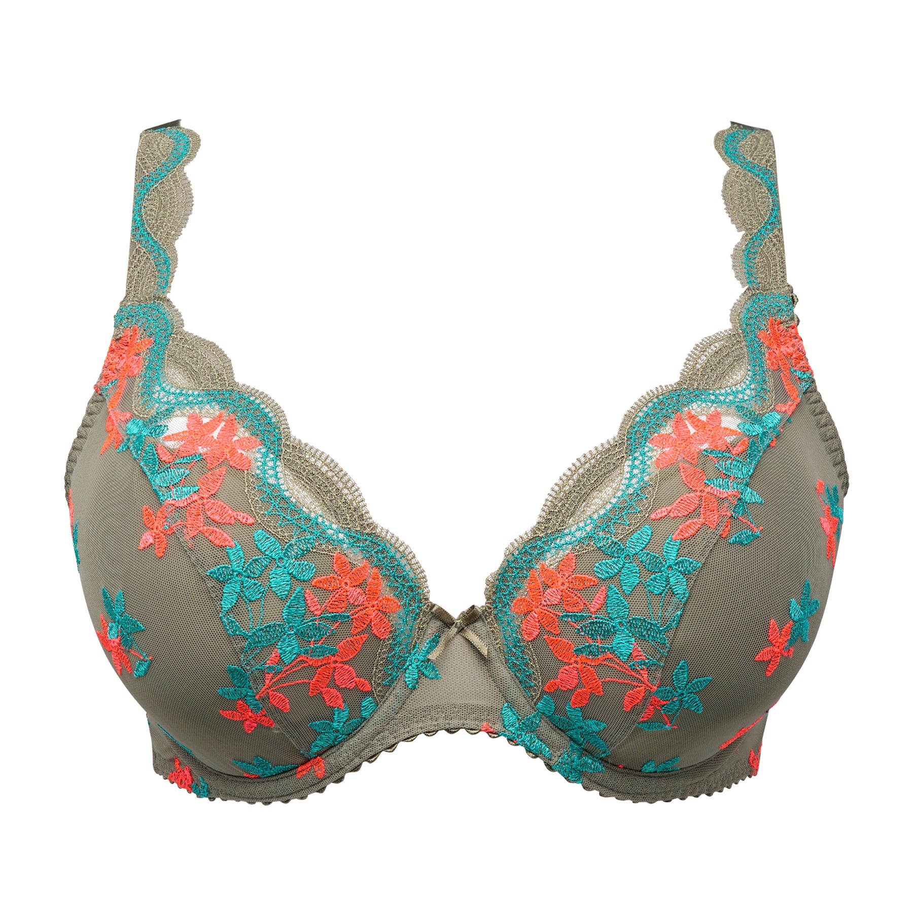 PrimaDonna Cala Luna plunge underwire bra in Botanique with deep plunge neckline, sheer embroidered cups, vibrant floral embroidery, and supportive underwire design.