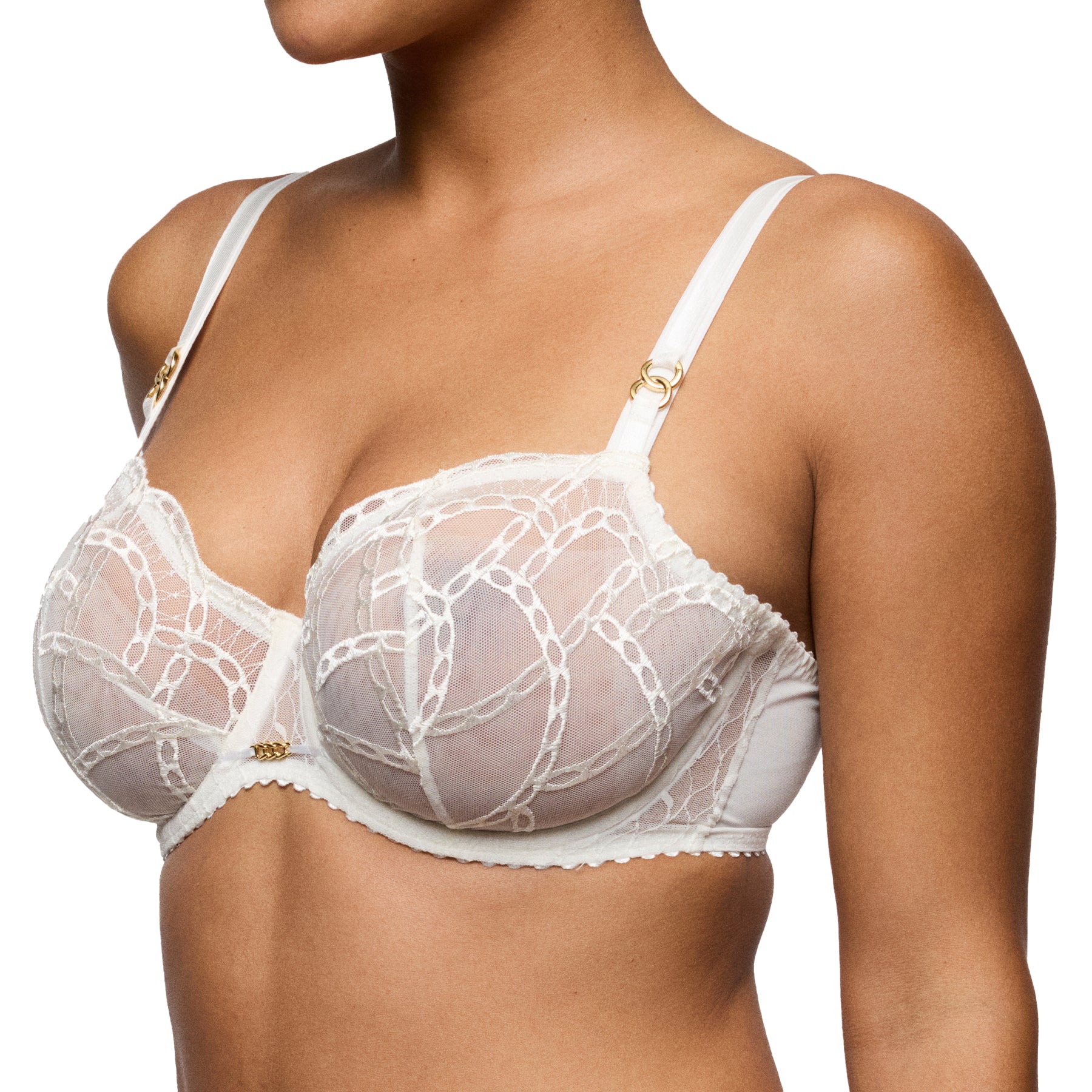 Angled side view of ivory lace underwire bra showing cup depth, lace embroidery, and adjustable straps.