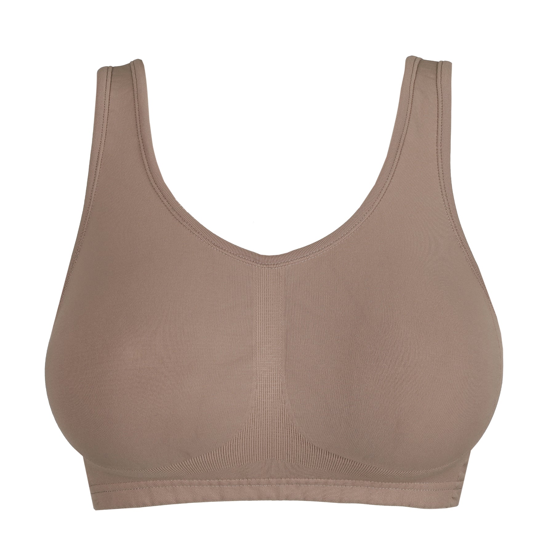 Mocha seamless wireless bra product image on white background with scoop neckline and wide straps