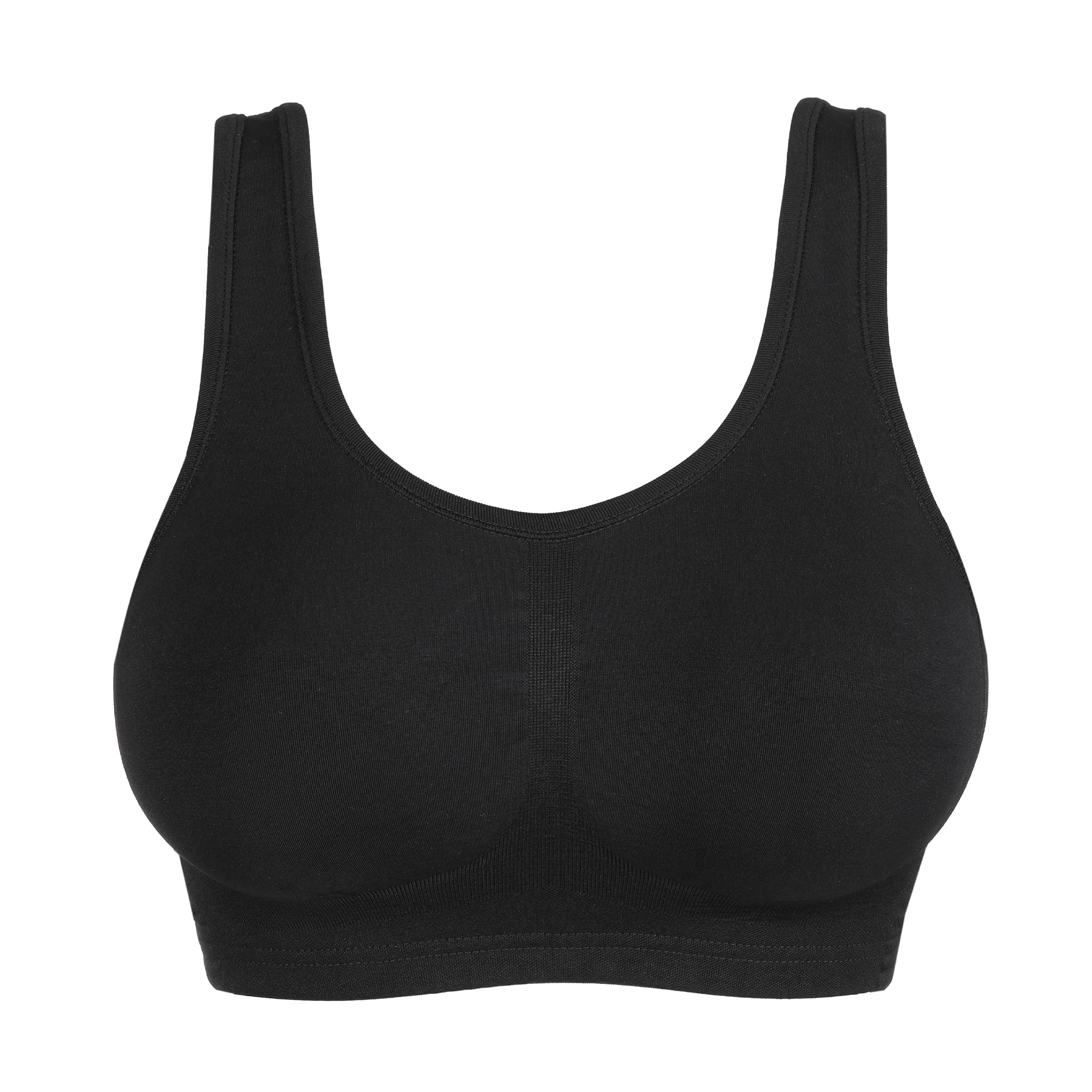 Black seamless wireless bra product image on white background with wide straps and supportive band