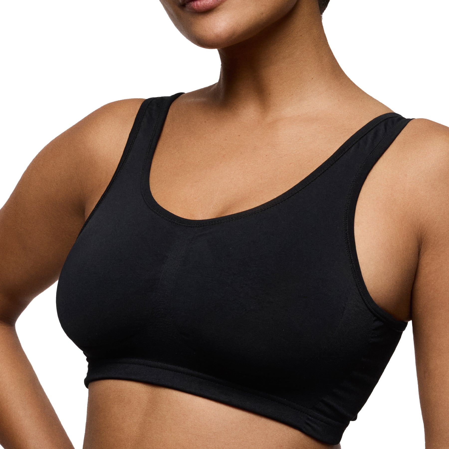 Close-up back view of black seamless wireless bra with hook-and-eye closure