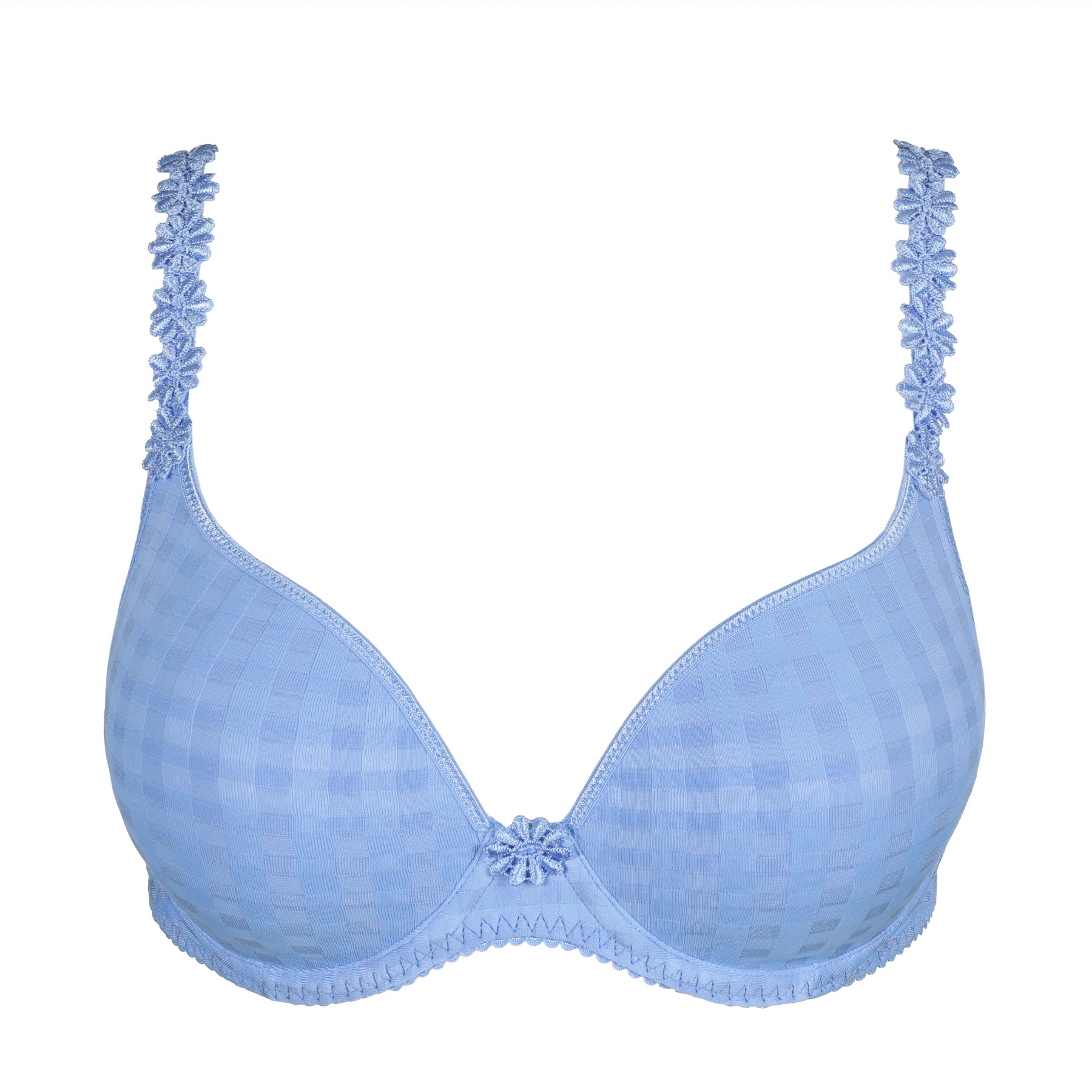 A flat layout of a blue checked bra on the white background with the embroidery.