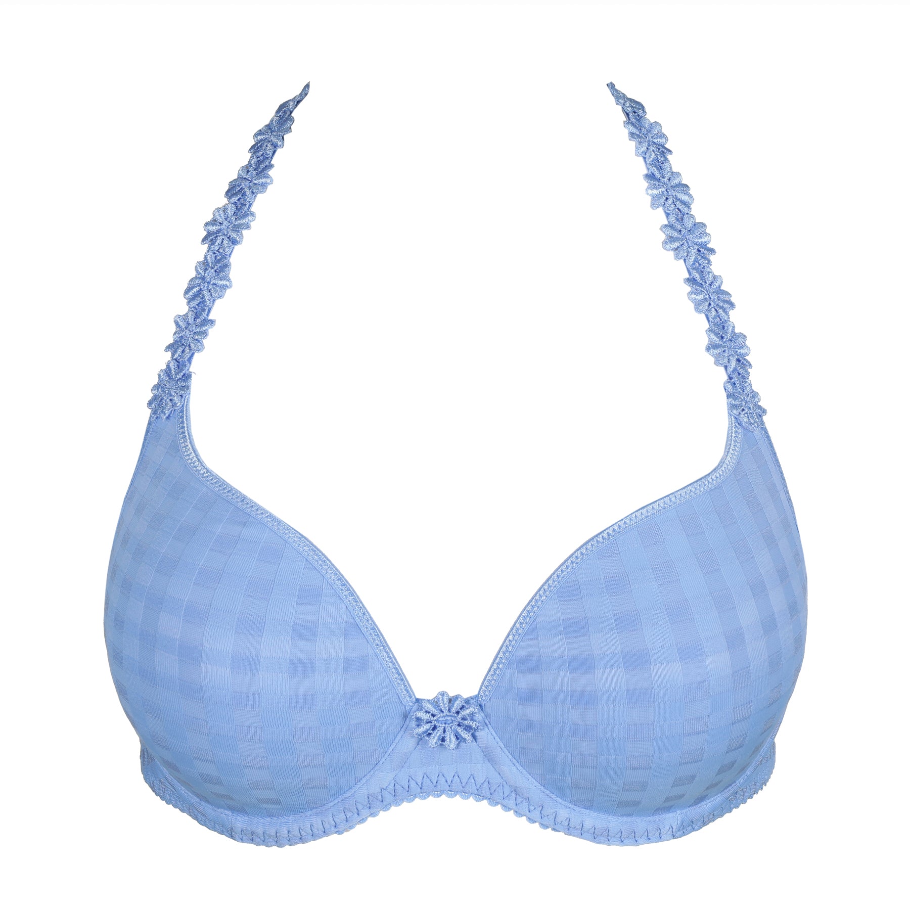 A flat layout of a blue checked bra on the white background with the embroidery.