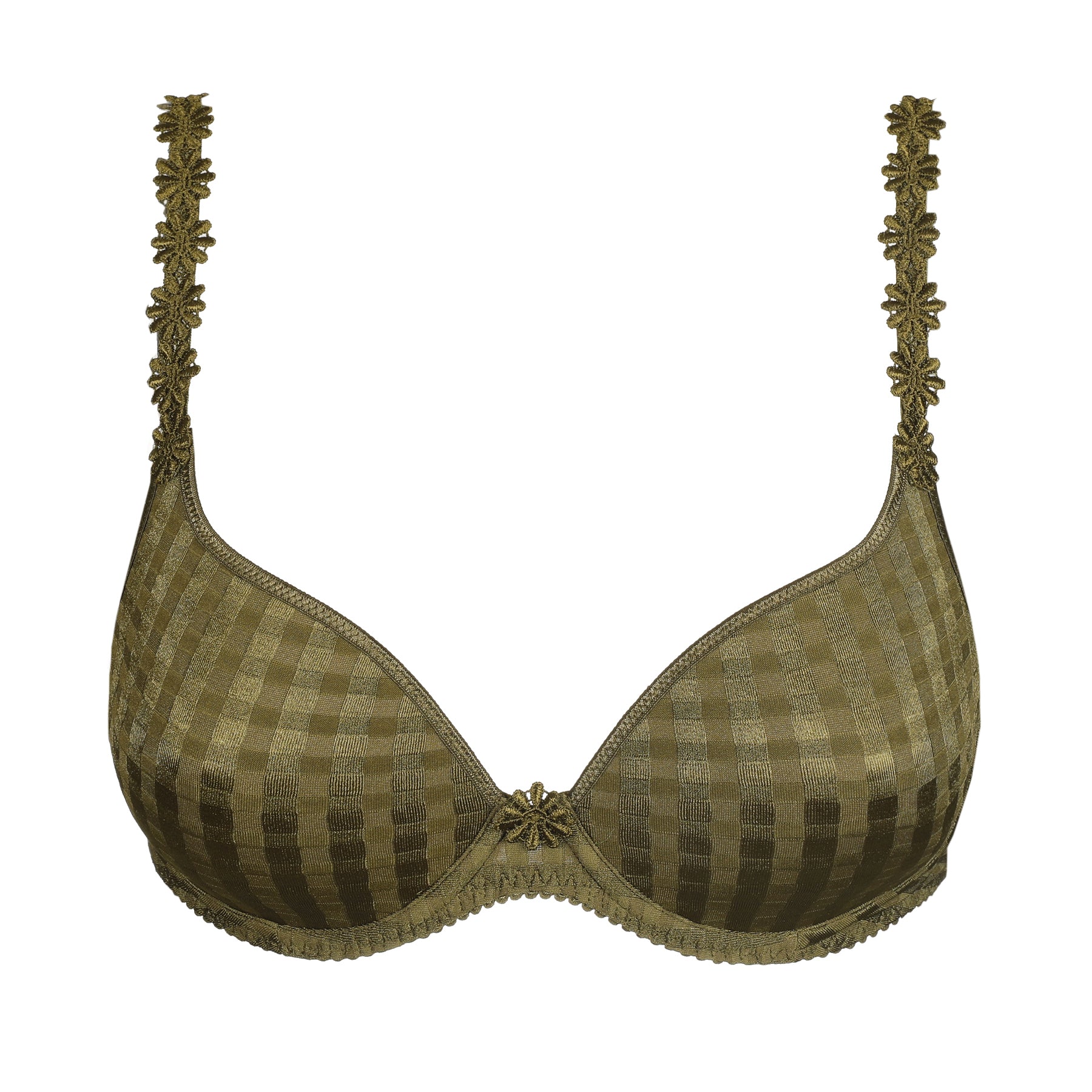 Marie Jo Avero padded bra in olive green with signature checkered fabric and floral embroidered straps.