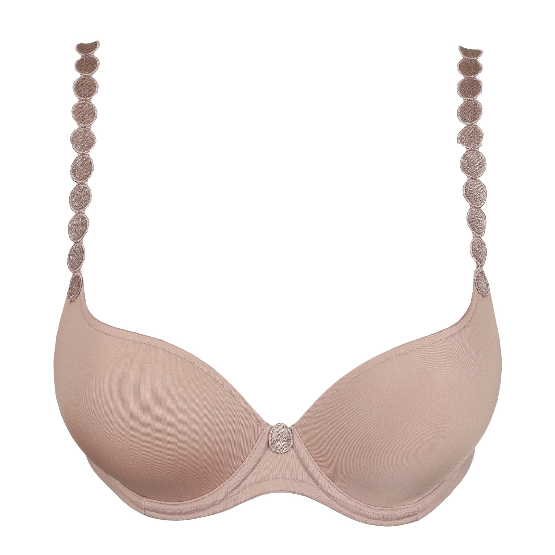 Cosmetic nude push-up bra front view with smooth padded cups, deep plunge neckline, and signature embroidered strap details.