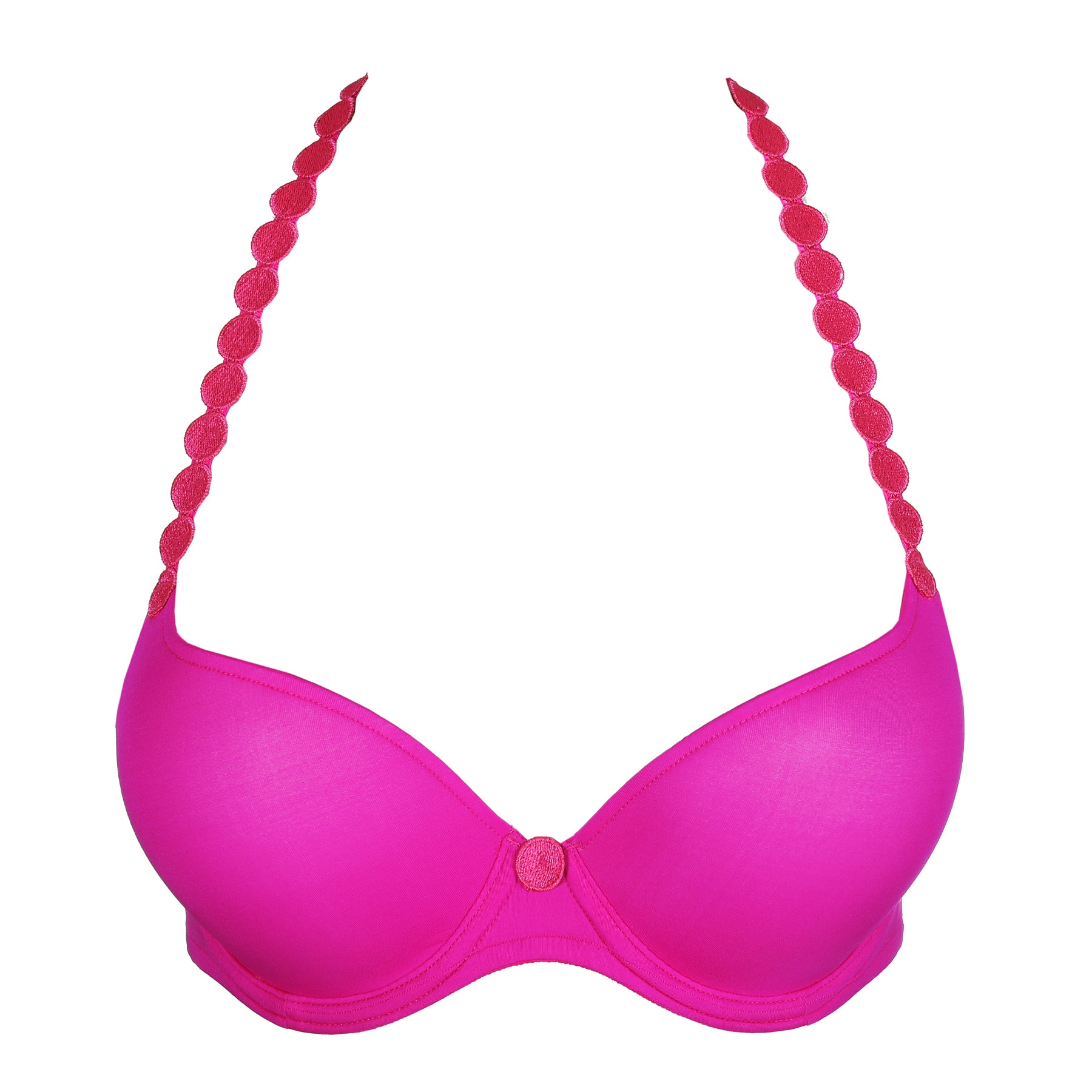 Influencer pink padded bra highlighting smooth padded cups and scalloped strap detailing on white background