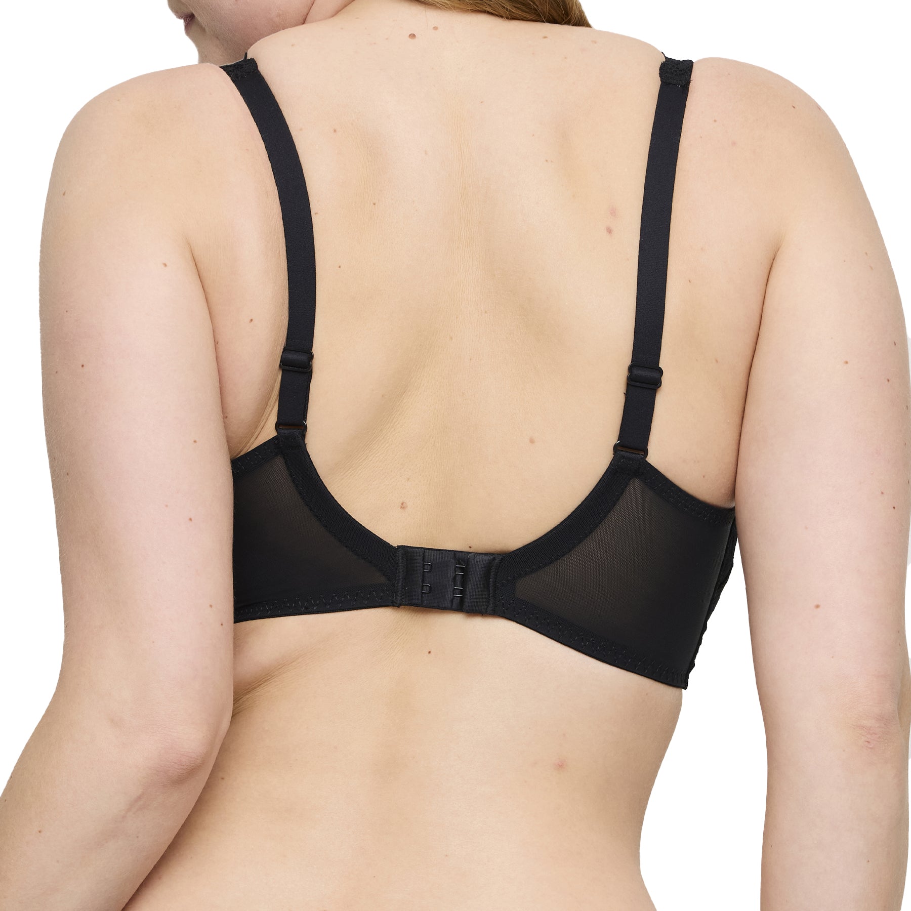 Back view of black lace bra with adjustable straps and hook-and-eye closure