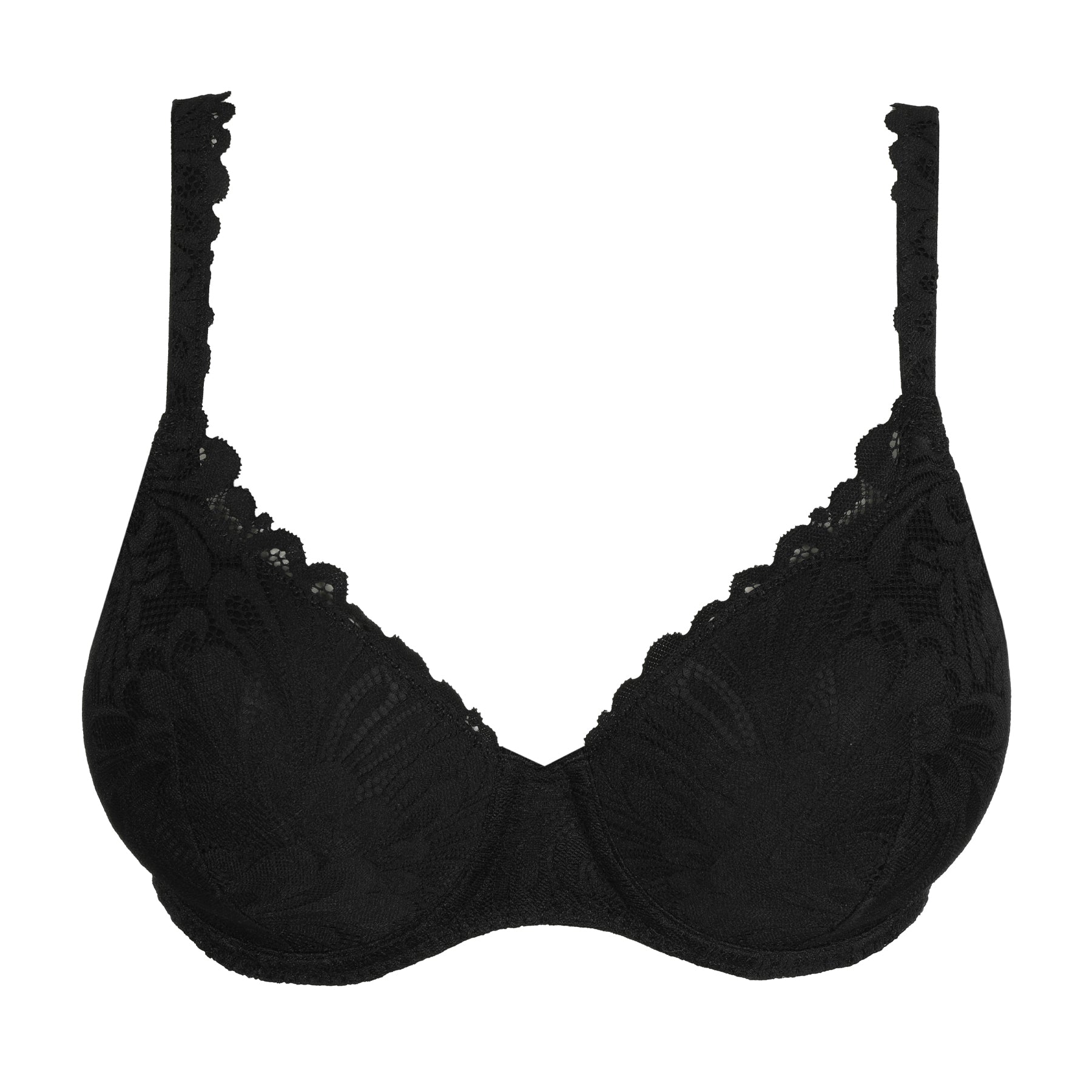 Black lace underwire bra with scalloped edges and floral lace overlay
