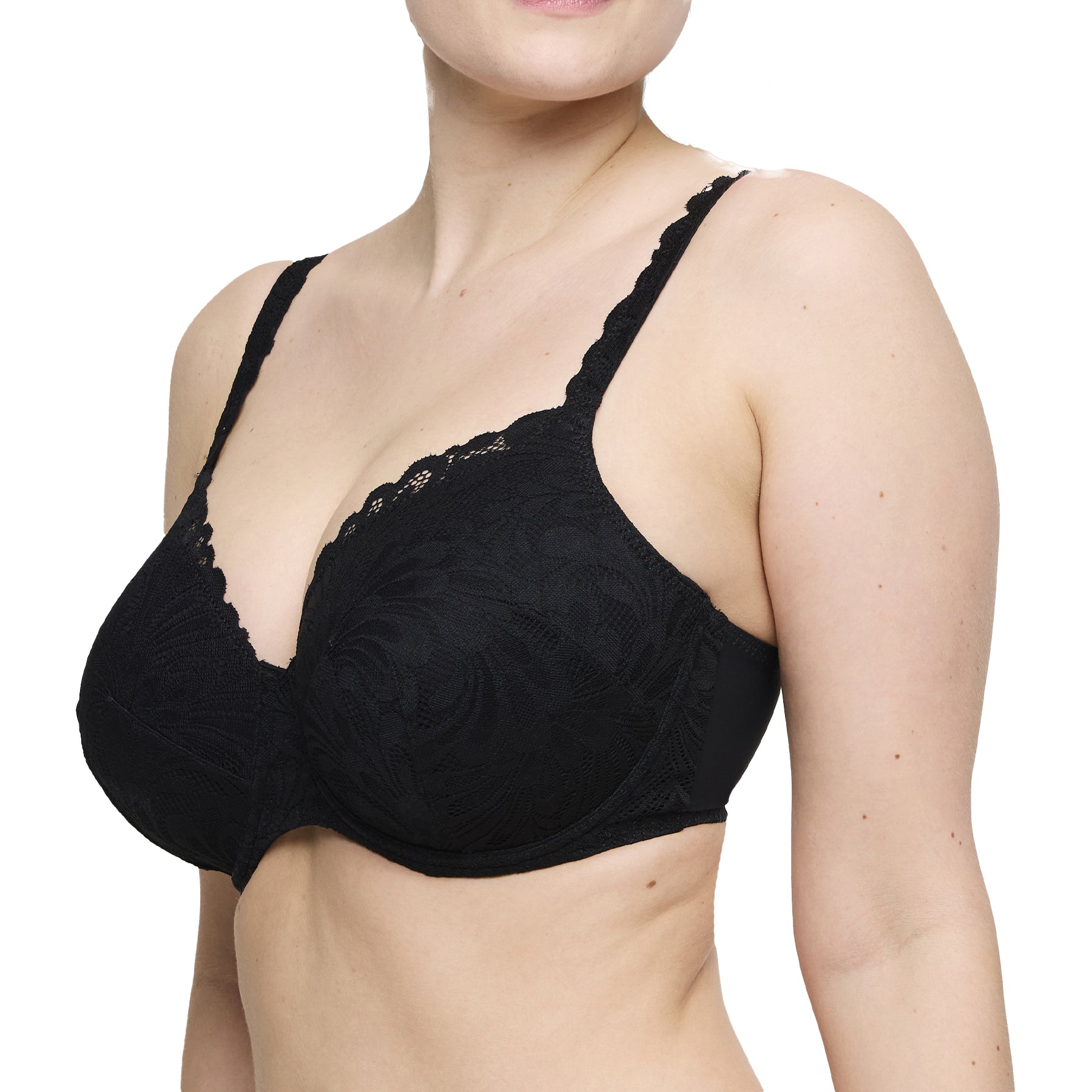 Side view of black lace bra with floral lace detailing and smooth supportive fit