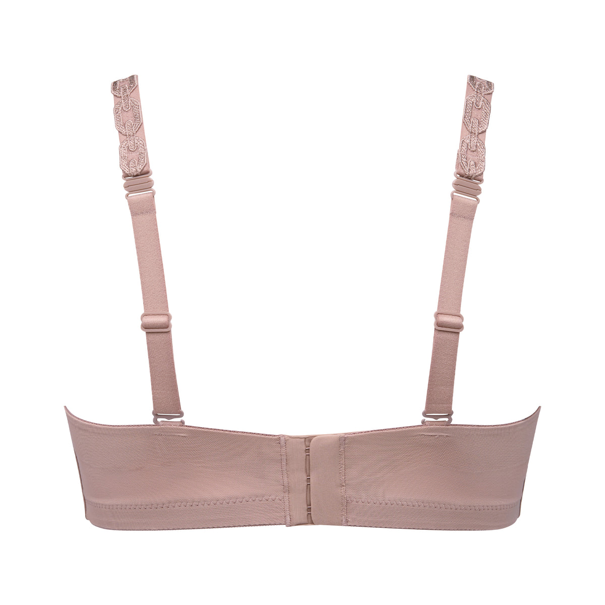 1. Back view of Strapless Twist bra in Cosmetic with adjustable removable straps and hook-and-eye closure.