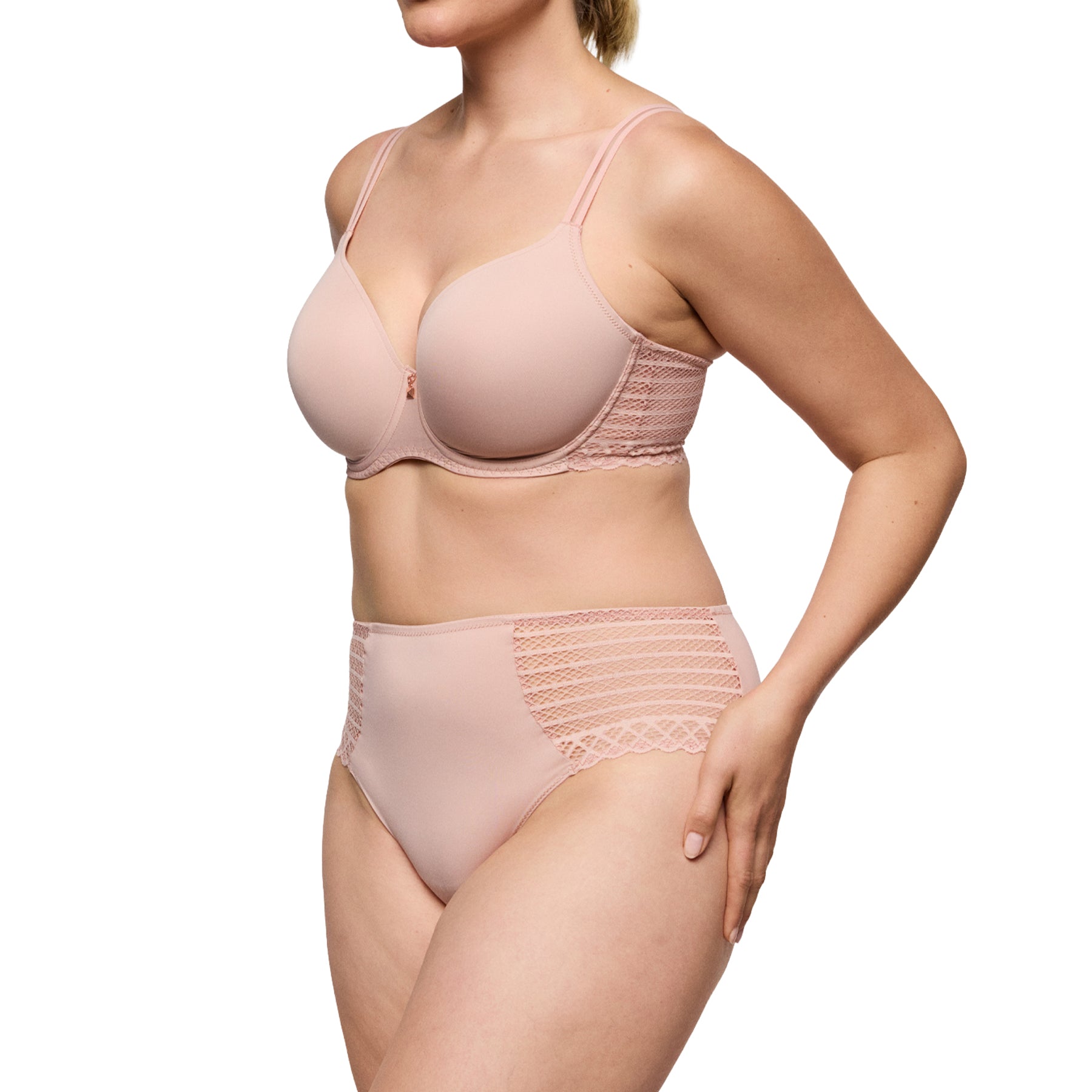 Side view of powder rose molded bra and matching brief showcasing smooth cups and decorative lace side panels.